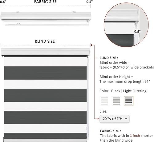 Miniatura 4 de Allbright - Estores de cebra para ventanas de casa, 20" x 64" negro, estores enrollables de doble capa, estores para oscurecer la habitación