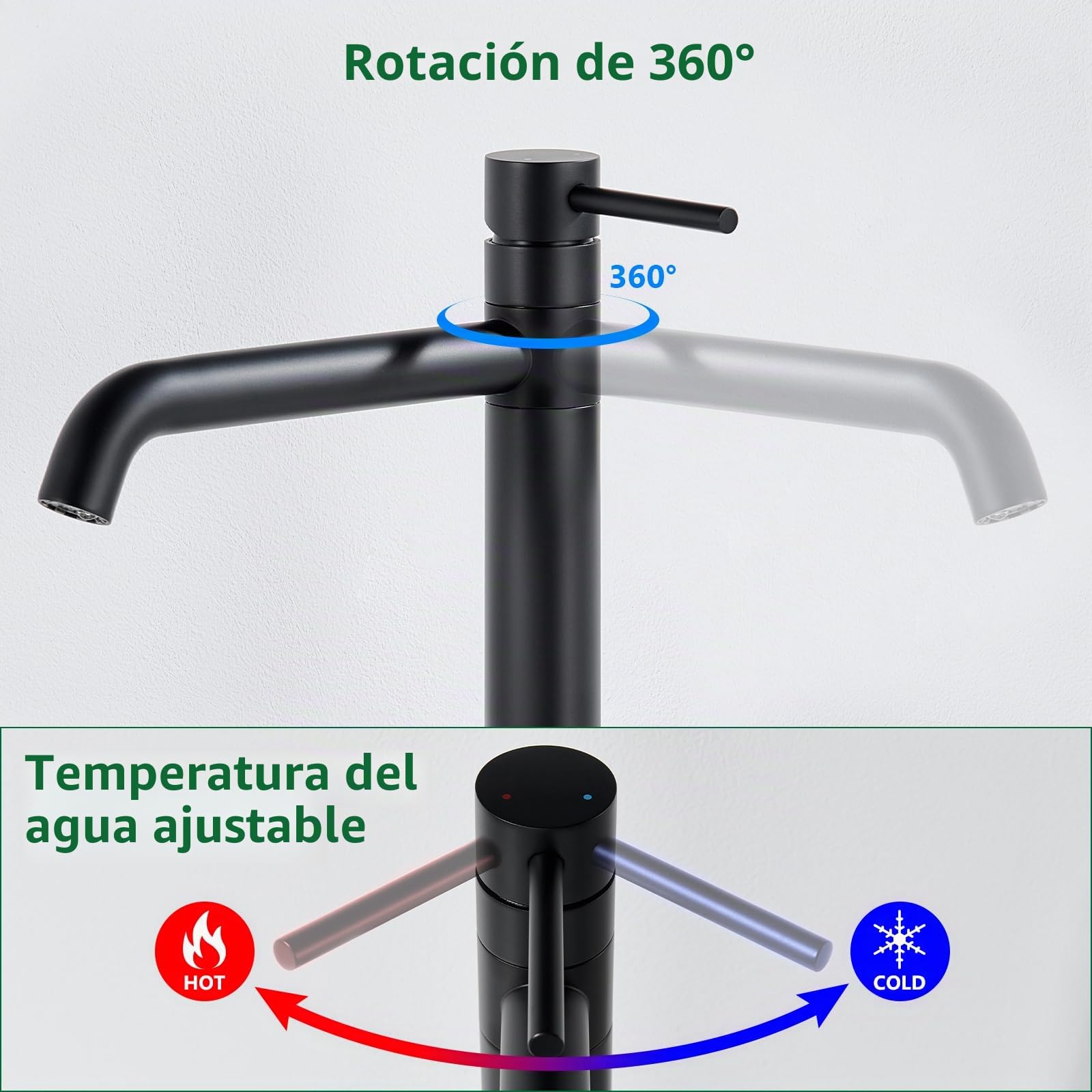 Grifo de Lavabo Alto, Grifo de Baño Giratorio 360°, Grifo Mezclador de Caño Alto para Lavabos de Encimera, llaves de Paso de Agua Baño Monomando de Baño, Negro