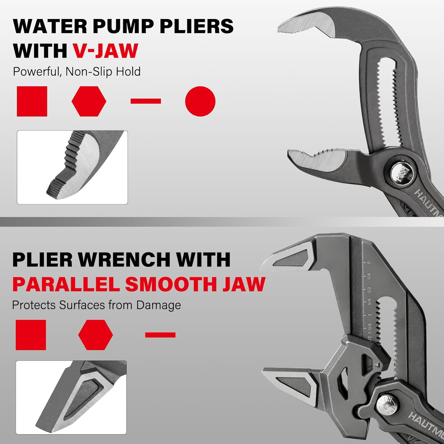 HAUTMEC 2-Piece 10 Inch Adjustable Pliers Wrench & Water Pump Pliers, Parallel Smooth Jaw & V-Jaw, CR-V Steel, Fast Adjustable Tongue and Groove Joint Pliers for Plumbing, Mechanical, Home Repair