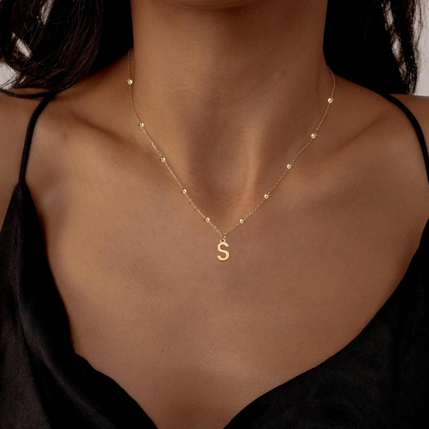 Initial Necklaces for Women 14K Gold Silver Dainty Letter Charm Necklace Personalized Name Pendant Bead Chain Necklace Non Tarnish Trendy Jewelry Gift