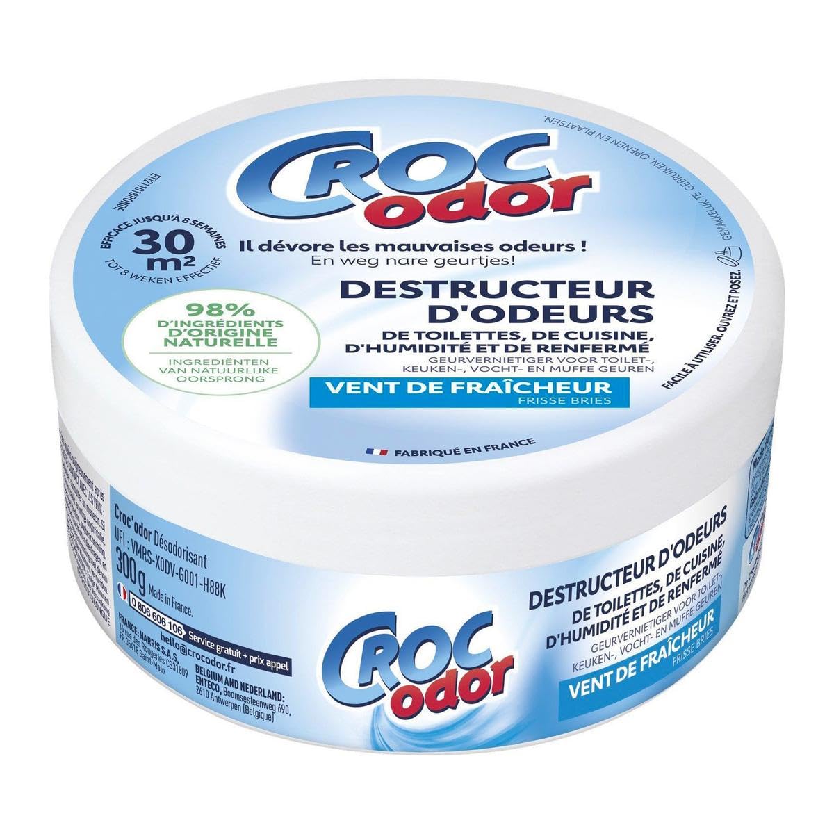 CROC'ODOR Destructeur d'odeurs en gel Vent de fraîcheur - Format 300 g - Neutralise les odeurs jusqu'à 8 semaines - 98% d'ingrédients d'origine naturelle - Lot de 3