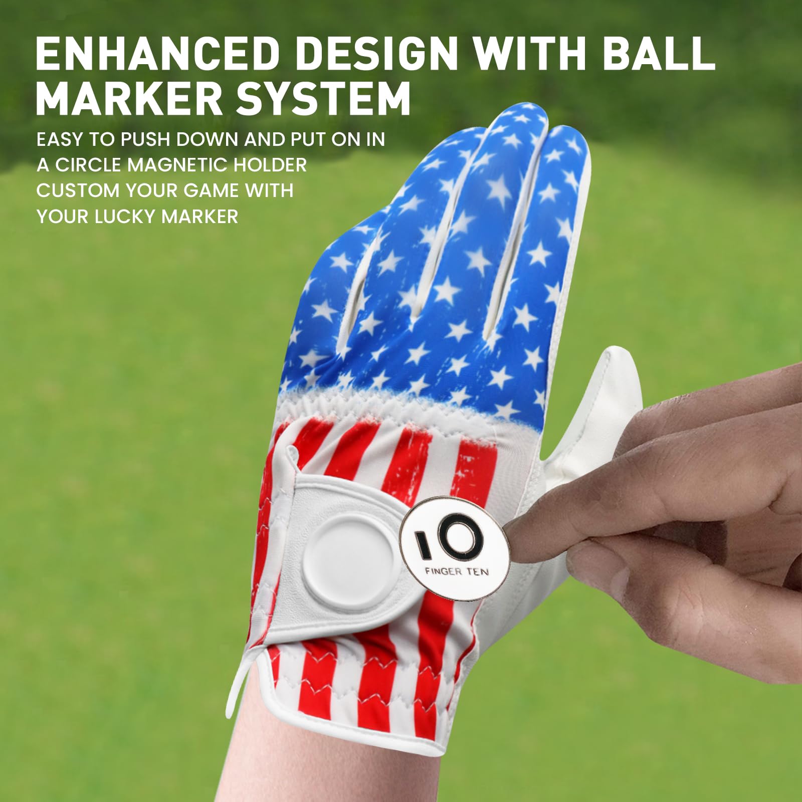 FINGER TEN Golf Gloves Men Left Hand Right Leather With Ball Marker Printed Grip 2 Pack - Image 4