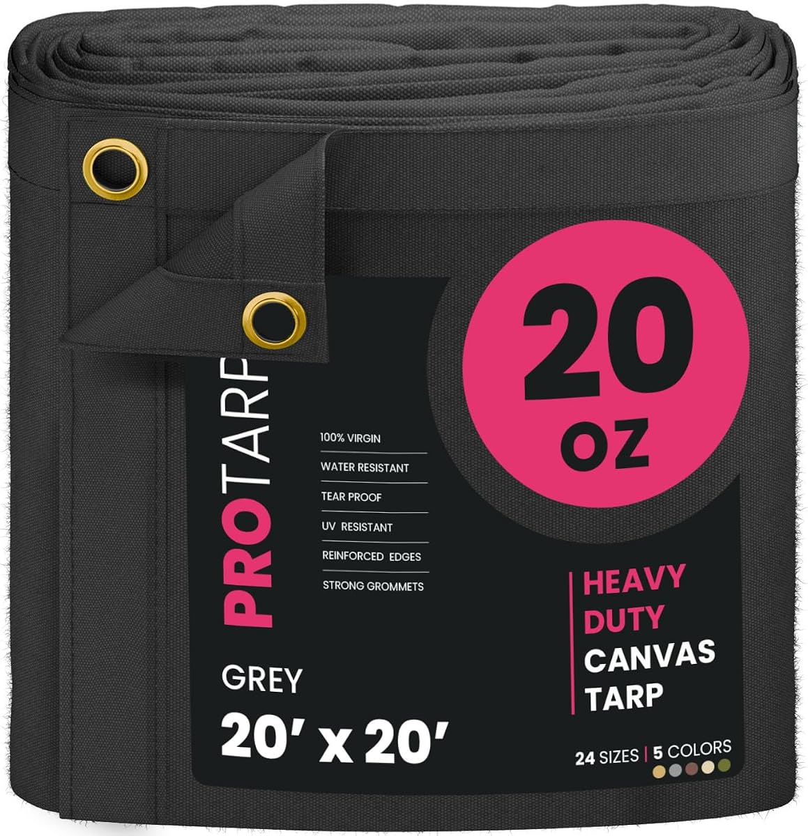 Extreme Heavy Duty 20 OZ Water Resistant Canvas Tarp, UV Resistant Tarpaulin Cover with Rustproof Brass Grommets, Multipurpose for Canopy, Roof, Camping, Woodpile (Grey 20'X20')