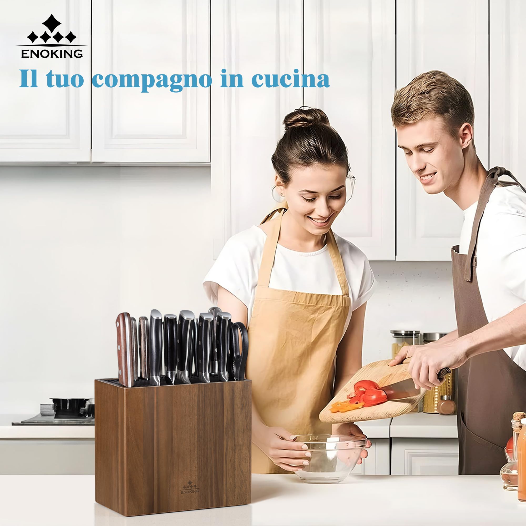 ENOKING Porta Coltelli Cucina in Legno di Acacia, Portacoltelli da Cucina Universale Con coperchio in Plastica, Ceppo Coltelli Vuoto di Alta Qualità per Coltelli/Bastoncini per Affilare