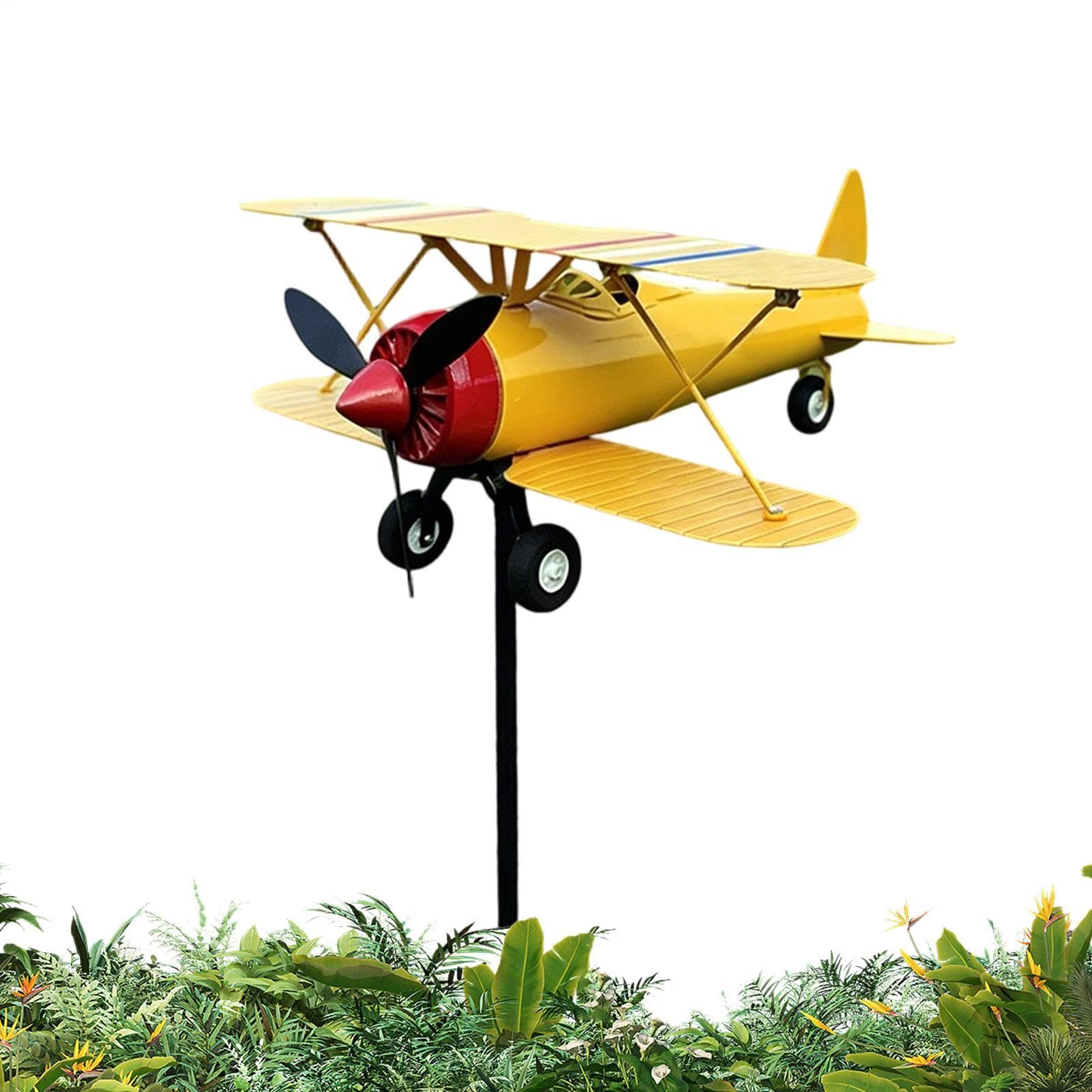 Airplane Weathervane - Metal | Retro Double Wing Wind Spinner | Garden Wind Direction Indicator Decor | Outdoor Plane Windmill Ornament For Yard Lawn Roof Patio Farm Gift