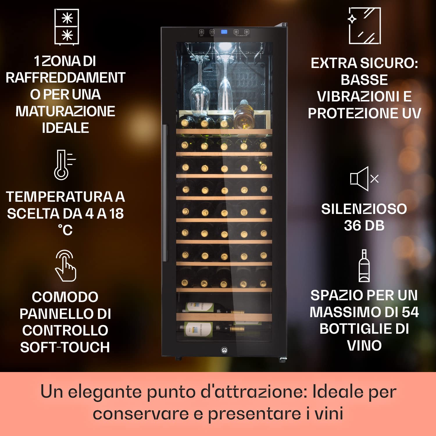 Klarstein Cantinetta Vino, Cantinetta Vino Refrigerata a Zona Singola per Interno/Esterni, Frigo Bar, Cantina Vino con Vetrina, Mini Bar con Protezione UV, Frigo Vino Touch, 4-18°C, 54 Bottiglie