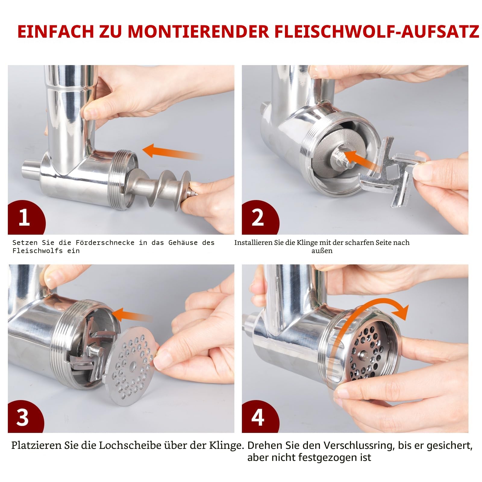 Edelstahl Fleischwolf für KitchenAid Mixer, Fleischwolfaufsatz für Kitchenaid Standmixer, spülmaschinenfest