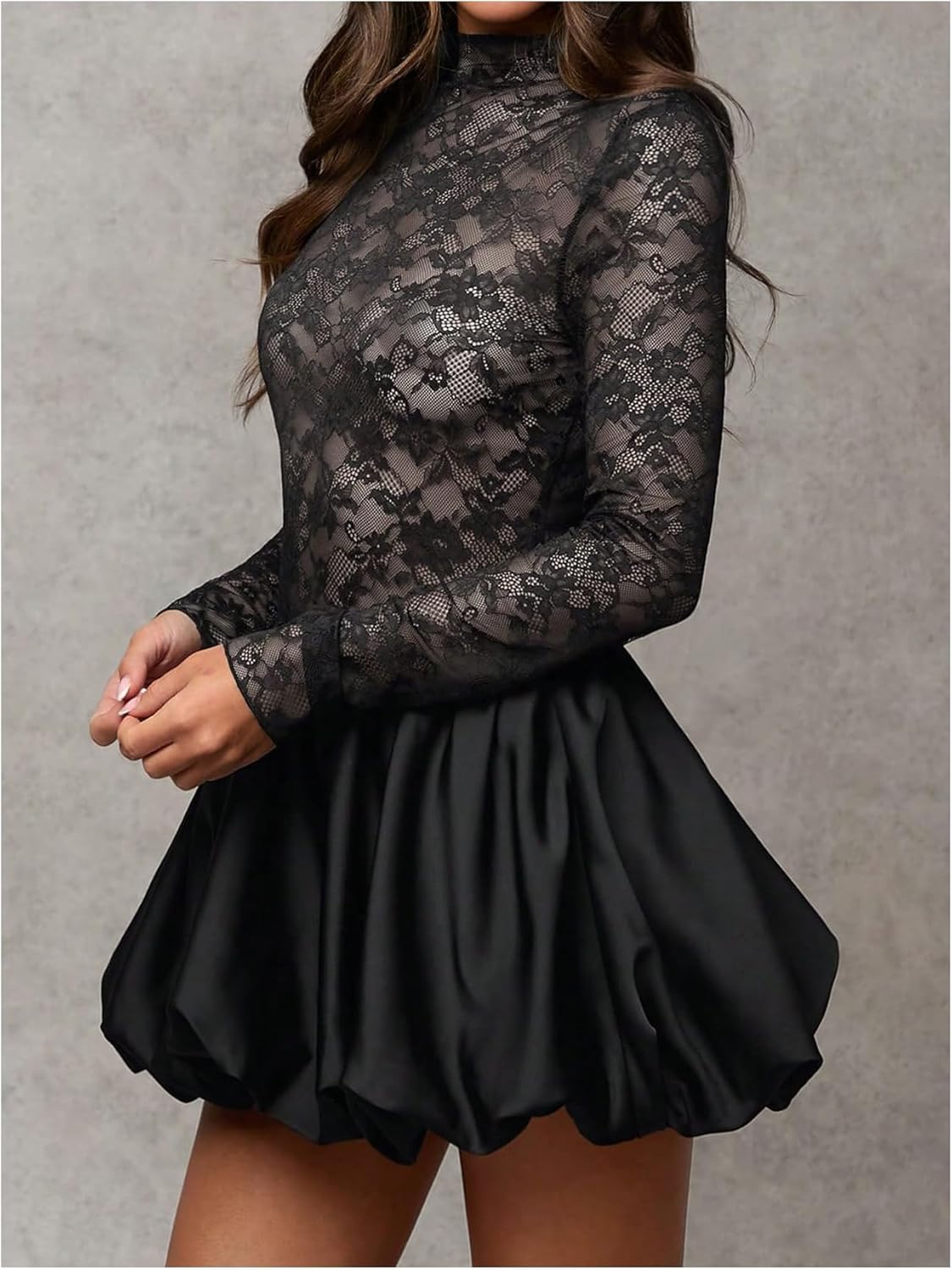 MakeMeChic Women's Floral Lace Sheer Bubble Dress Mock Neck Long Sleeve A Line Party Mini Dresses - Image 2