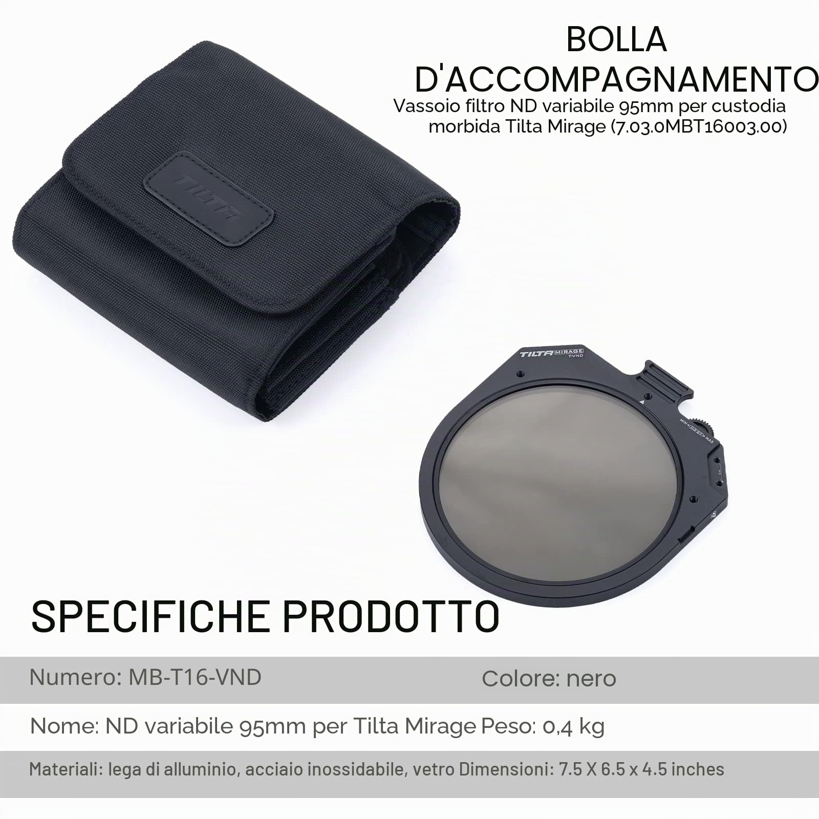 Tilta - Filtro ND variabile da 95 mm per Tilta Mirage Matte Box [1-9 STOPS] compatibile con lenti con diametri anteriori fino a 95 mm, colore accurato MB-T16-VND