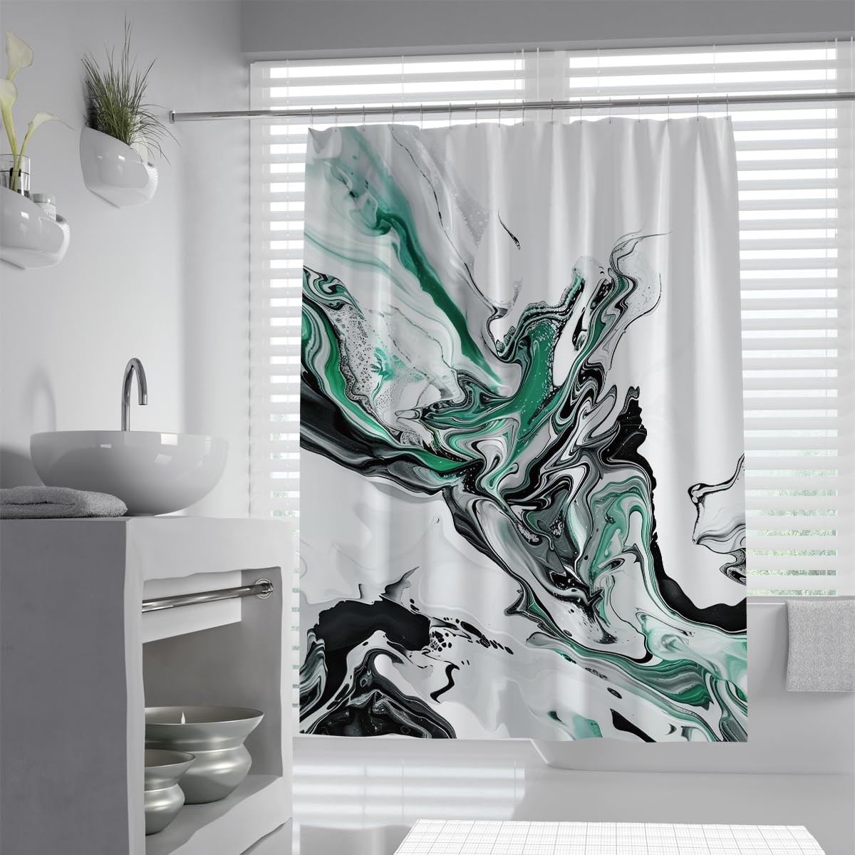UIRINGART Nordic Artistic Bathroom Bathtub Curtains W100xL180cm Emerald Green Black Inks Pattern Mildew Mould Resistant Polyester Fabric Waterproof Wet Rooms