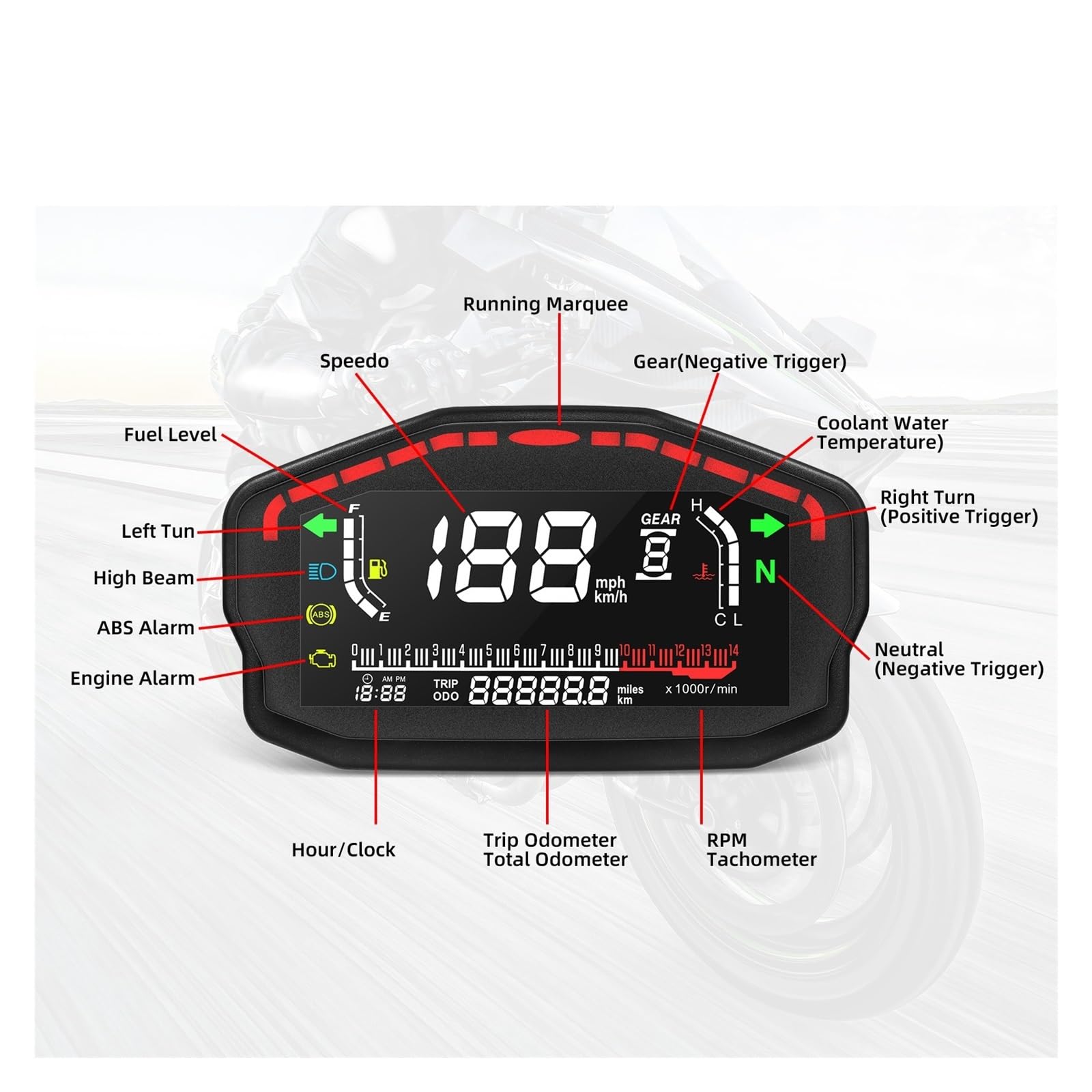Contagiri contachilometri Pannello Cruscotto Digitale Per Motocicletta Icona Doflnition Strumento Universale LED Tachimetro Contagiri 1,2,4 Cilindro Motore Cruscotto