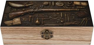 Vintage Hunting Firearms Field Gear Wooden Storage Box with Hinged Lid Retro Lock 7.9 X 3.7 X 2.3 Inch, Small Keepsake Box Organizer for Jewelry Photos Letters Crafts