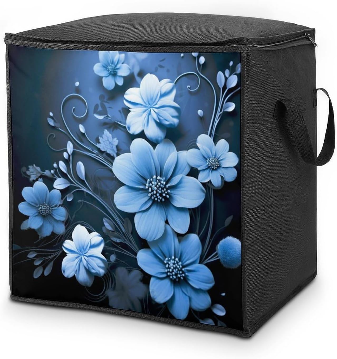 Quilt Storage Bag,Blue Flowers Printed Large Foldable Storage Container Portable Travel Storage Bag for Blankets, Quilts, Clothes, Comforter, Bedding And Pillows