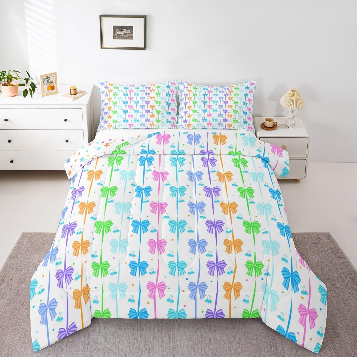 Feelyou Rainbow Bowknot Comforter Set Cute Bow Tie Twin Size Bedding Set for Kids Princess Girls Aesthetic Coquette Duvet Quilt