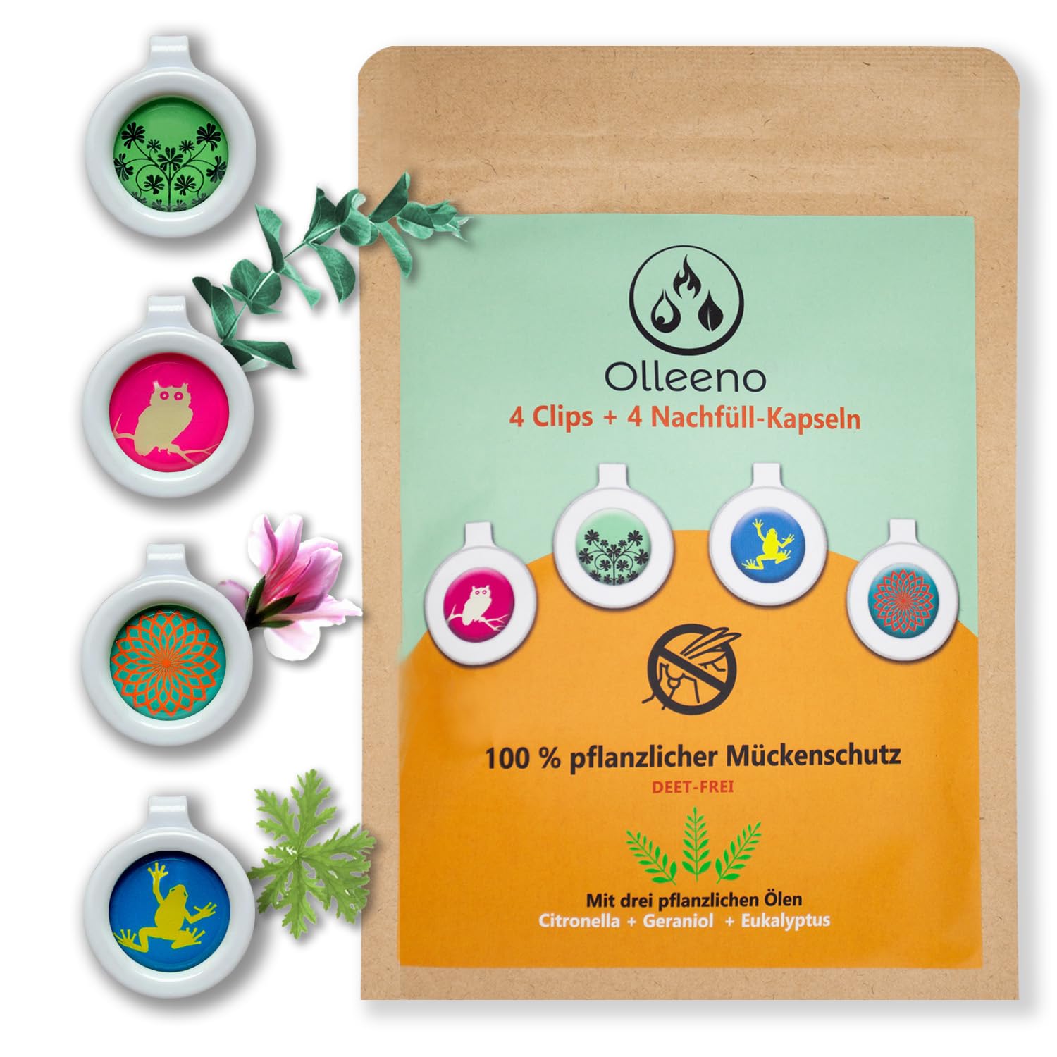 OLLEENO® Mückenschutz Clip – Natürlicher Moskito- & Insektenschutz (4 Clips + 4 Refill-Kapseln) | DEET-frei, langer Schutz, Ideal für Outdoor, Camping, Reisen, Sport | Wiederverwendbar & 100% recycelt