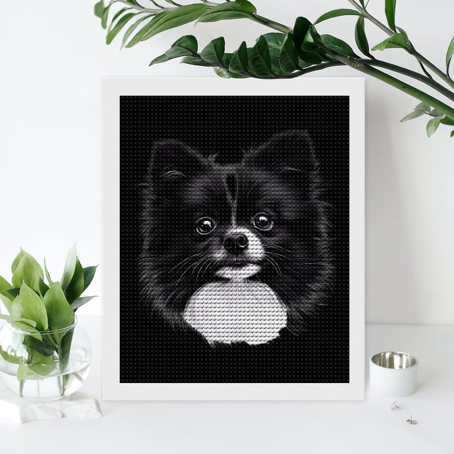 Black and White Pomeranian Dog Round Diamond Painting Kits 5D DIY Full Drill Rhinestone Arts Wall Decor for Adults