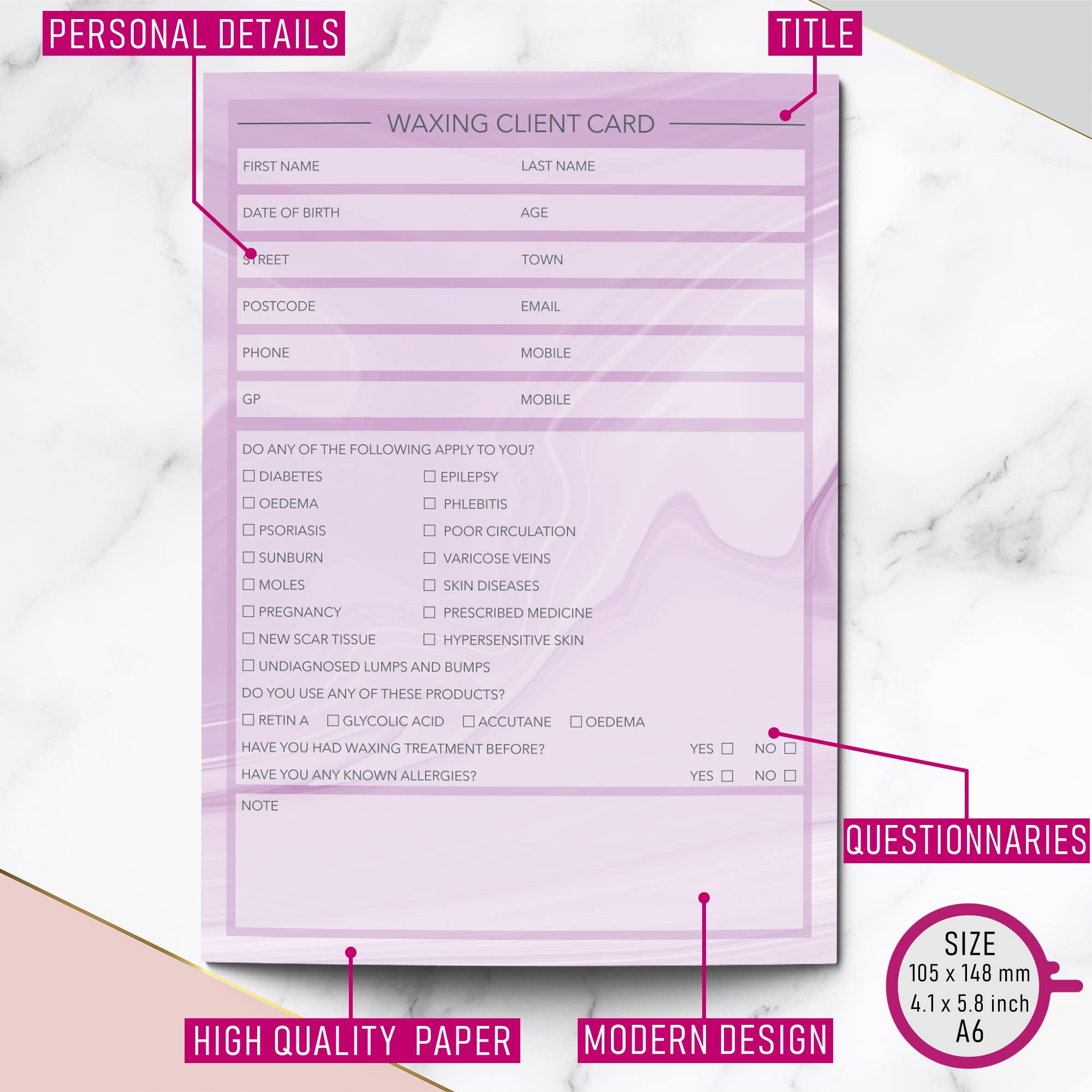 Waxing Client Cards A6 Size, Salon and Therapist Customer Consultation Record, Treatment Services Essentials - Image 4