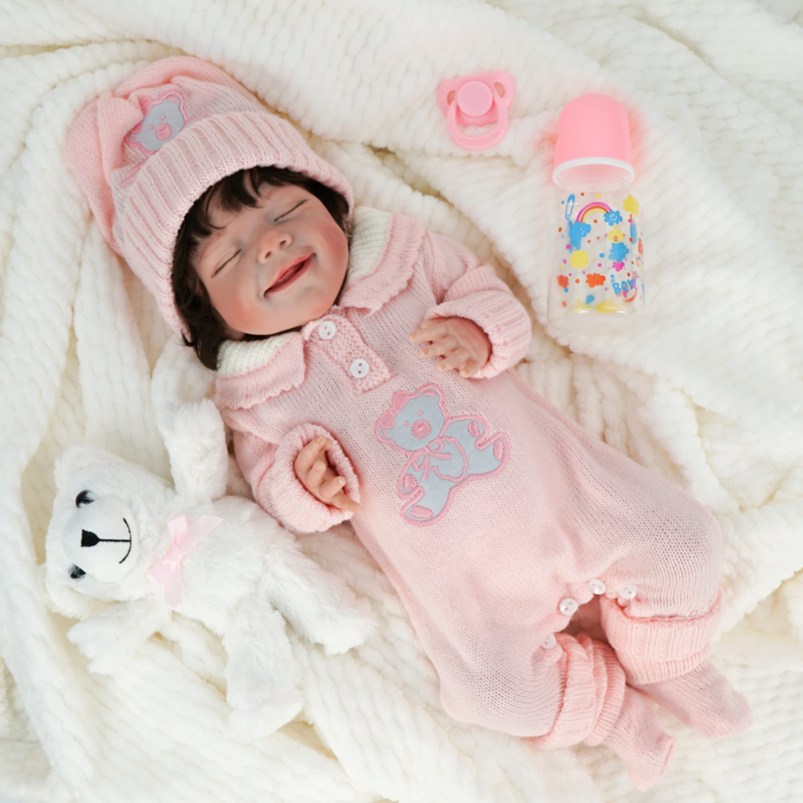 Reborn Baby Dolls with Adjustable Hands & Silicone Body – 18” Realistic Baby Doll Set with Pink Accessories – Newborn Baby Doll with Pacifier, Bottle & Teddy Bear - Soft Smile & Curly Brown Hair