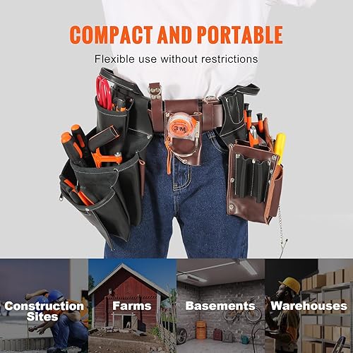 Miniatura 8 de VEVOR Cinturón de herramientas de cuero, bolsas de herramientas de enmarcar para carpintero, construcción, marcos y electricista (negromarrón)
