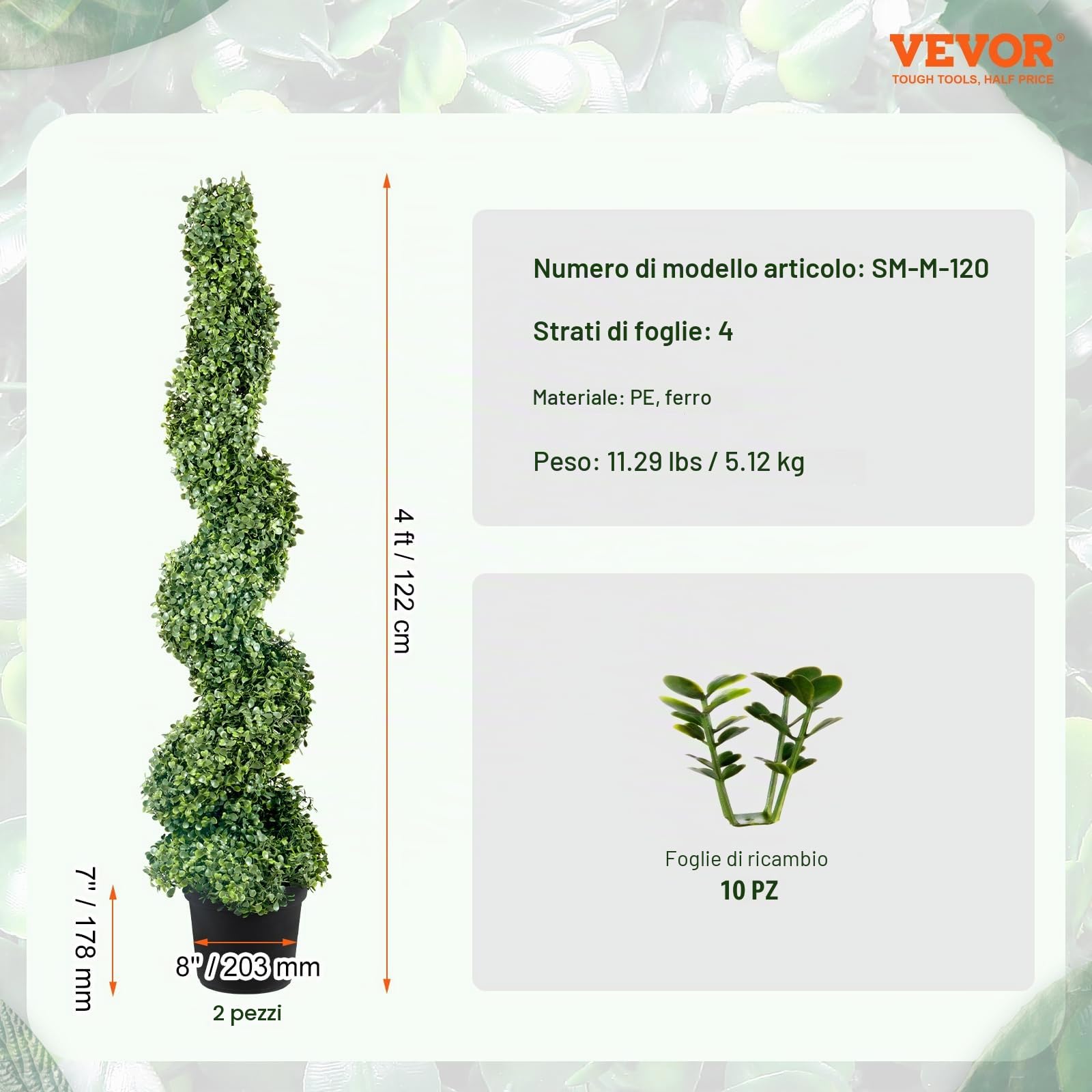 VEVOR Pianta Artificiale in Bosso a Spirale 2 Alberi con Vaso 122 cm Piante Finte in PE Topiaria Decorativa con 10 Foglie di Ricambio per Decorazione Interno Esterno Giardino Terrazzo Balcone Ingresso