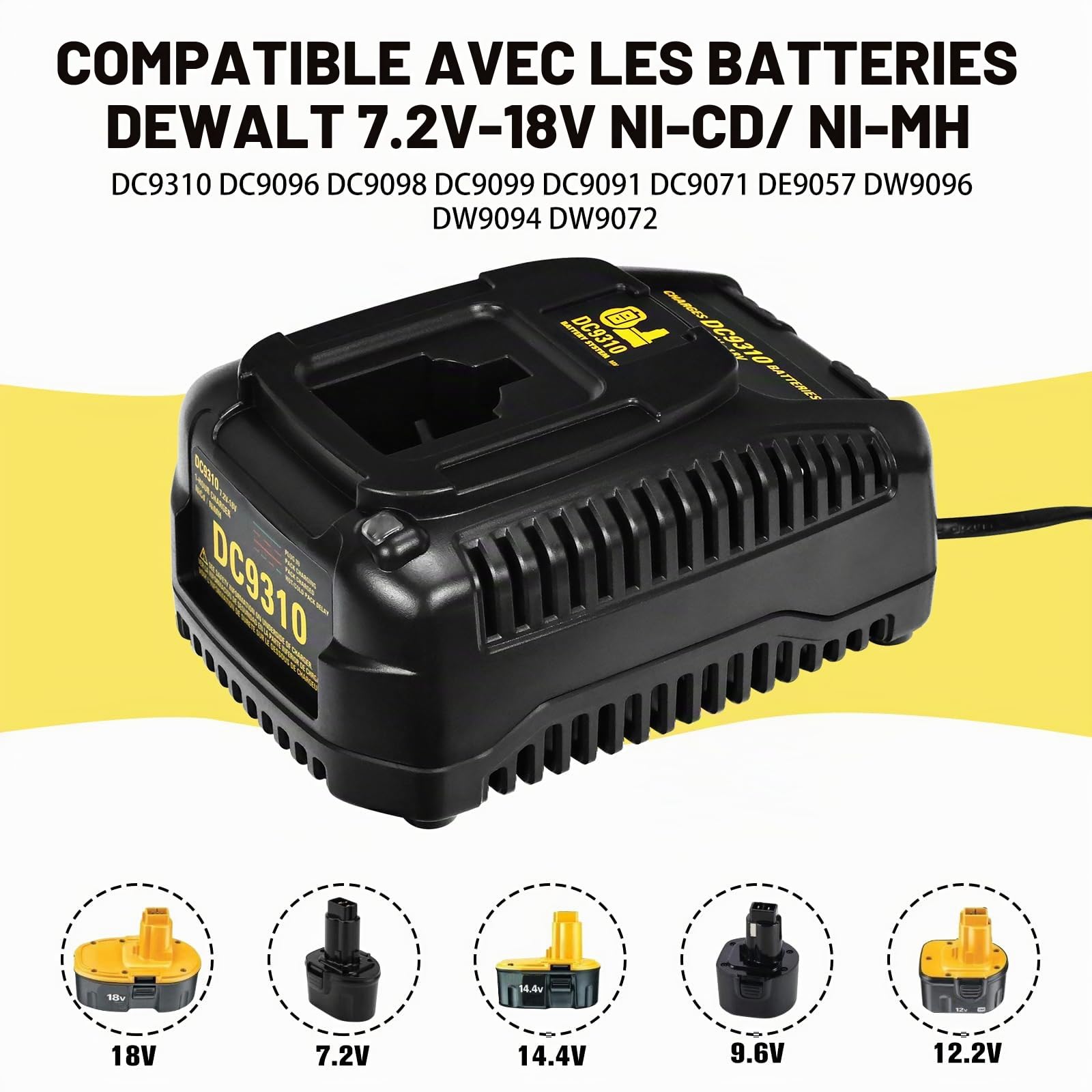 Chargeur Rapide de Batterie/Chargeur de Batterie pour Dewalt DC9310 Chargeur 7.2V-18V NI-CD NI-MH DW9057 DC9071 DC9091 DC9096 Batterie
