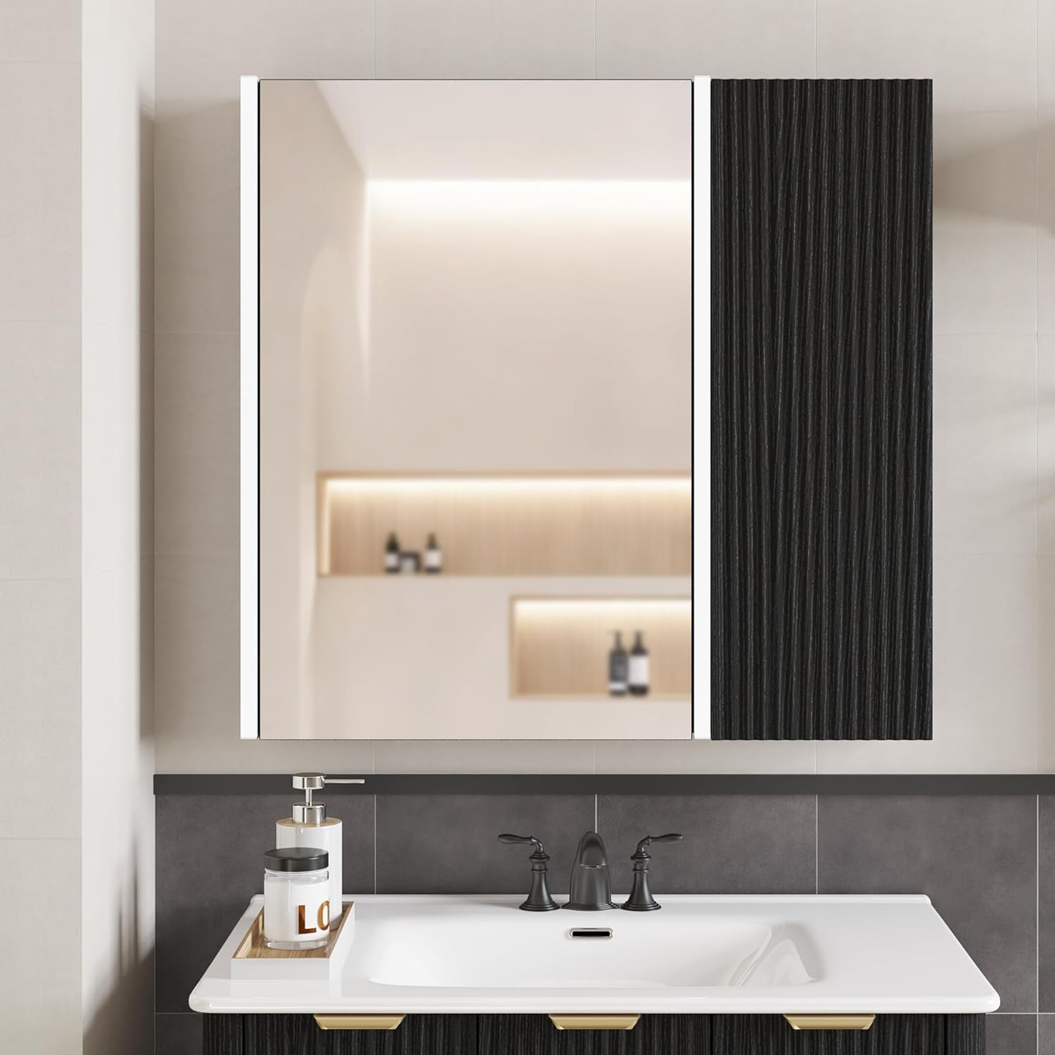 30 Inch Bathroom Vanity with Sink and Medicine Cabinet Mirror with LED Light,Floating Bathroom Vanity Cabinet with 2 Drawers,Fluted Storage Cabinet with Sink Combo Set,Black