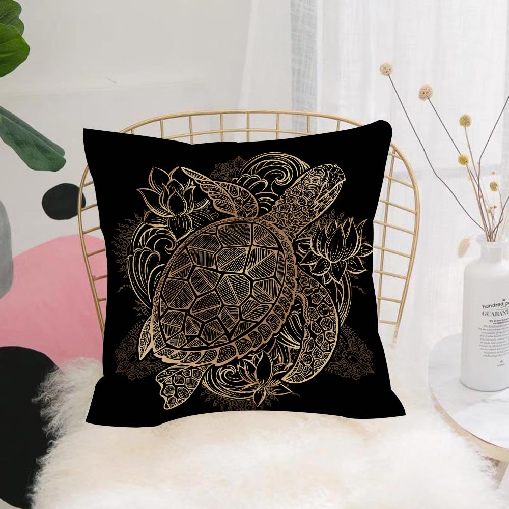 HYOSXW Cushion Cover,Throw Pillow Case Home Decorative for Living Room Bedroom Sofa Chair 16X16 Inch,gold hand drawn sea turtle and lotus flowers on black background,Pillowcase 40X40cm