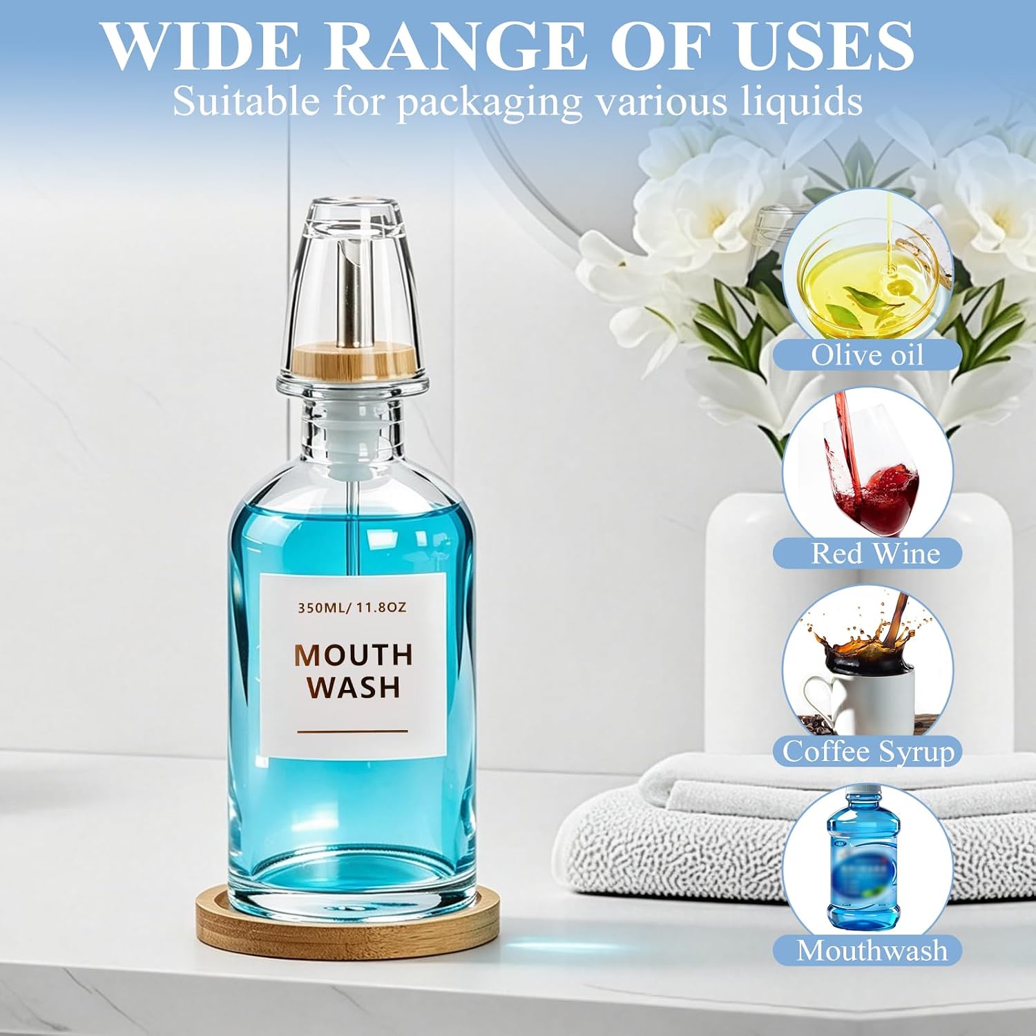 Zoyiancy Clear Glass Mouthwash Dispenser Set, 11.8oz Refillable Bottle