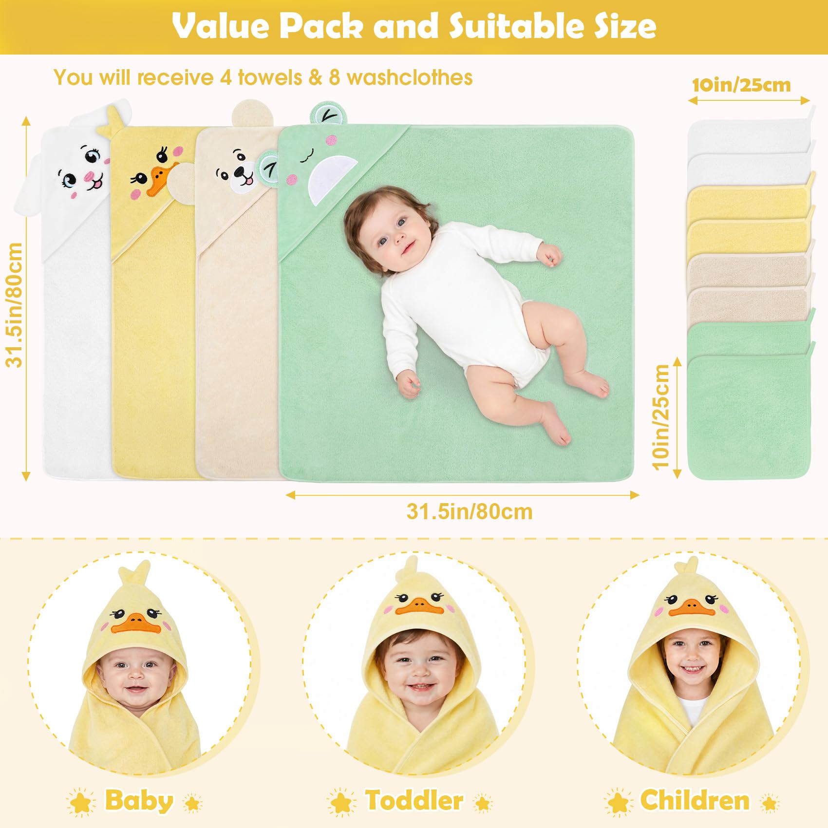CandyHome 12 PCS Baby Bath Towels Set for Infants Toddlers Essentials view 2