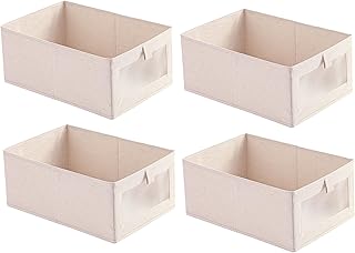صناديق تخزين من الكتان - منظمات خزانة قابلة للطي مع نافذة ومقابض شفافة، سلال كبيرة لتنظيم الملابس والالعاب والكتب واللوازم المكتبية والمزيد، 4 قطع