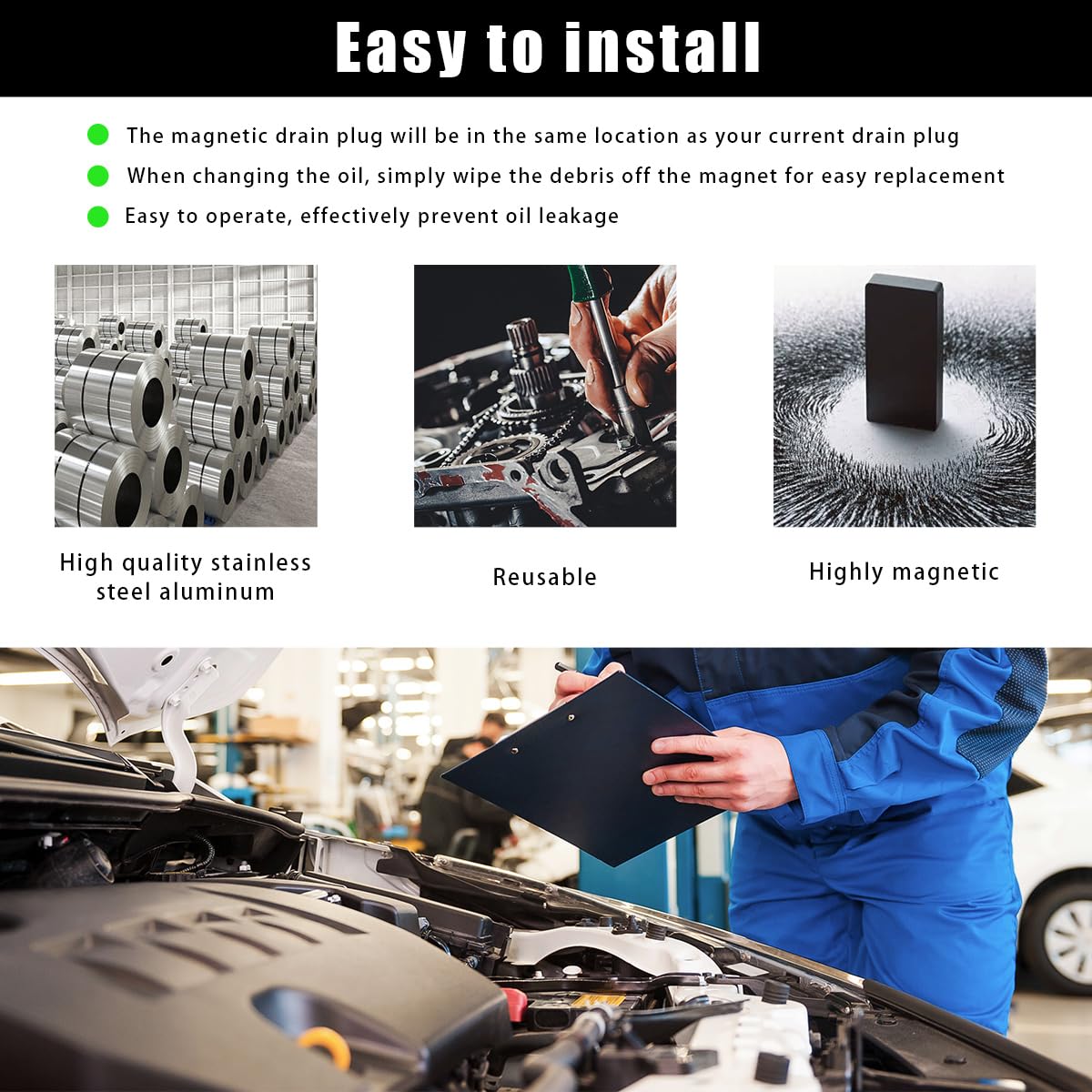 Magnetic Oil Drain Plug, M12×1.75 Stainless Steel Aluminum Sump Drain Nut Bolt with 5 Gaskets, Leak-Proof Reusable Car Engine Oil Drain Plug Replacement for Most Cars