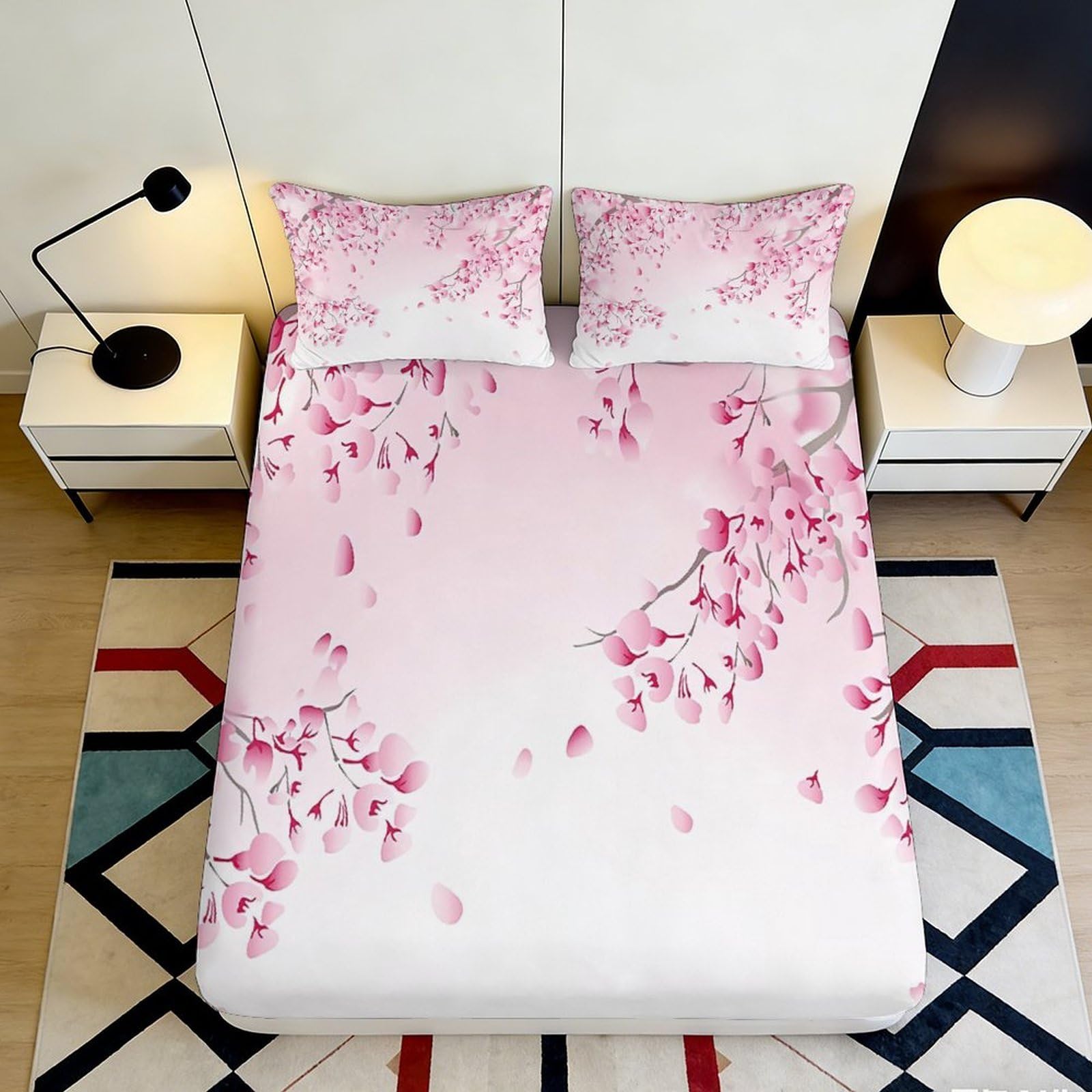 3D Printed Sakura Blossom Fitted Sheet Microfiber Soft Breathable Cherry Branch Mattress Cover for Bedroom Decor 90x200x25cm