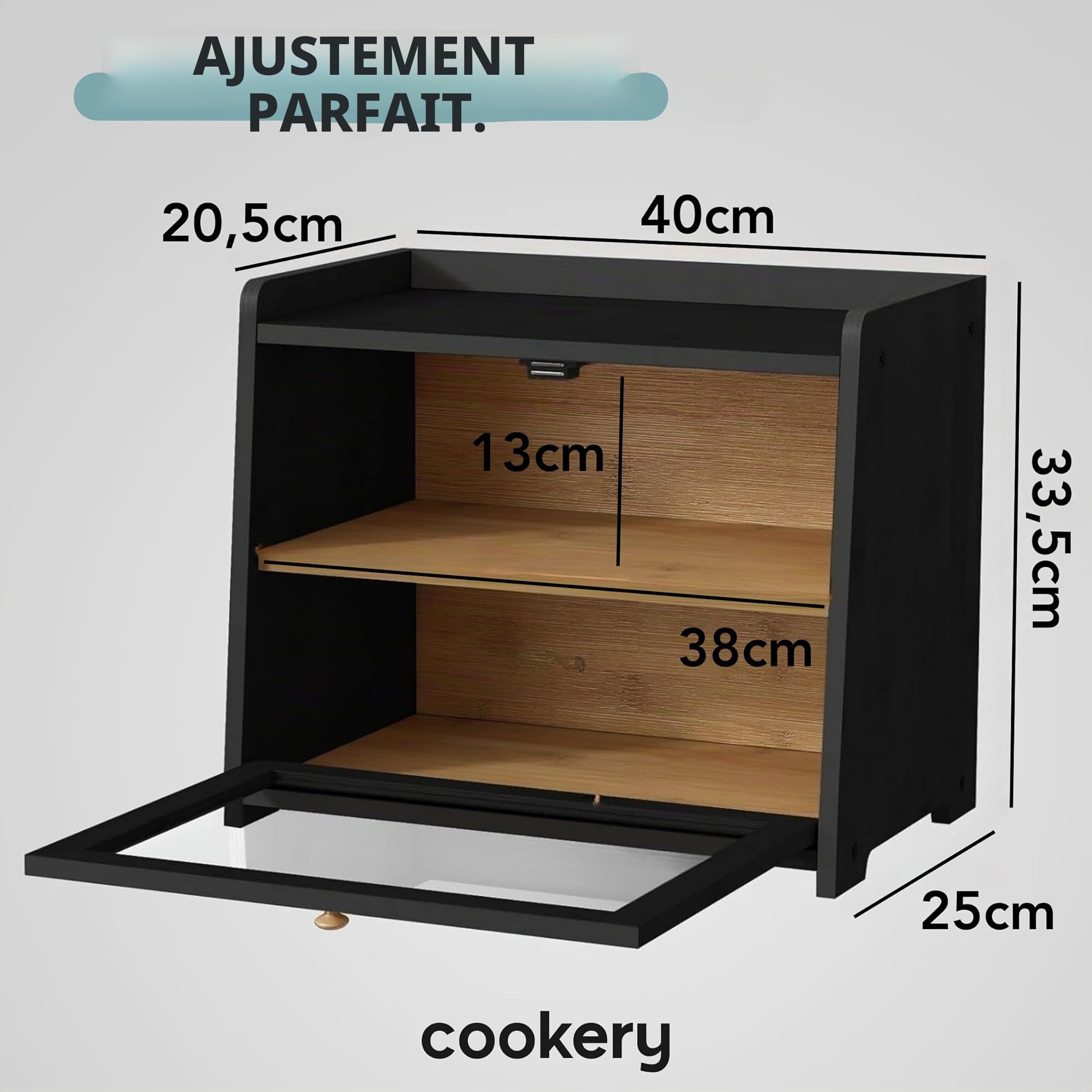 Cookery Boîte à pain en bois à 2 étages pour le rangement du pain en bambou - Grande boîte de rangement à 2 étages (noire)