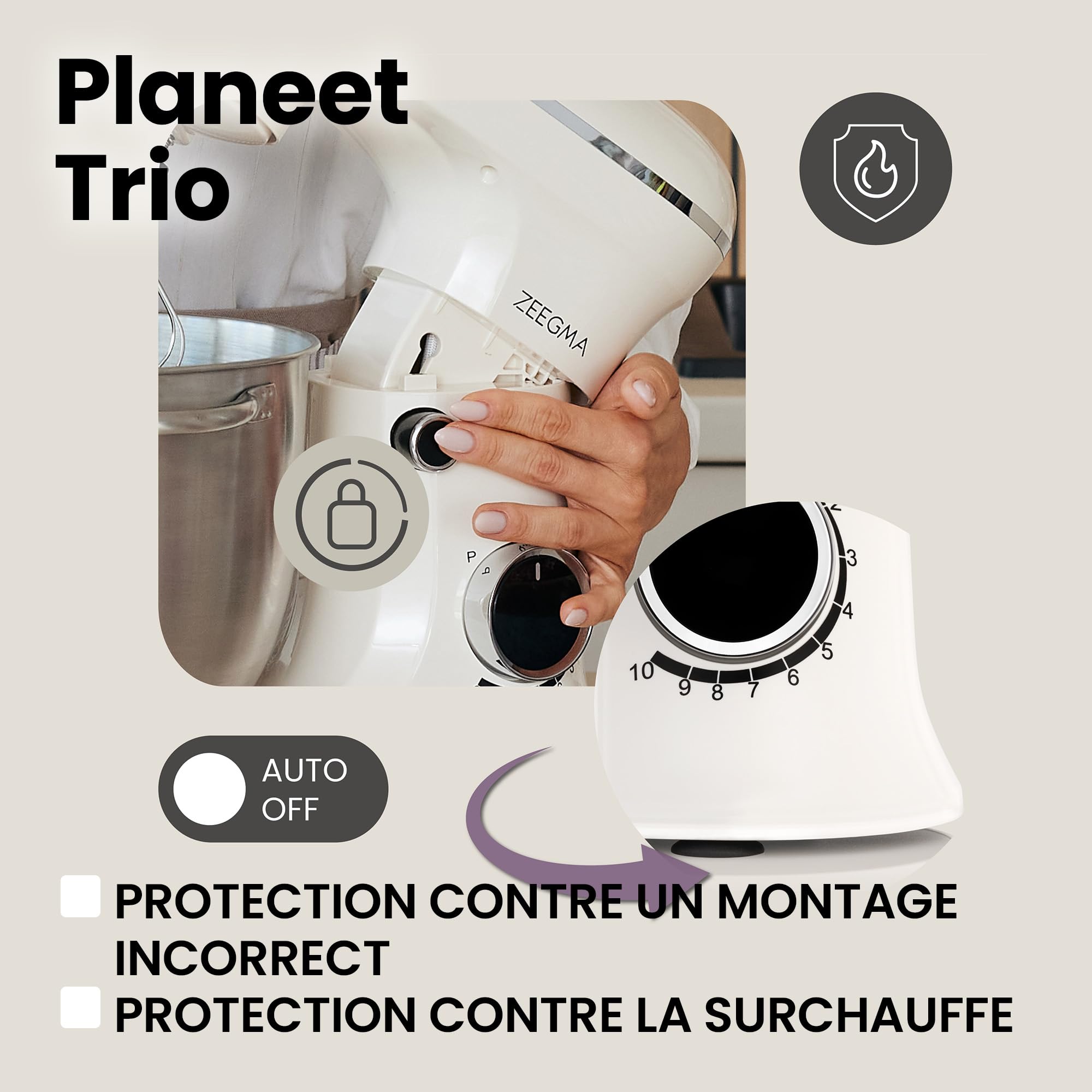 ZEEGMA Planeet Chef Robot Pâtissier 1500W - Bol 6.5L Inox, 6 Vitesses + Pulse, 3 Accessoires Pâtisserie