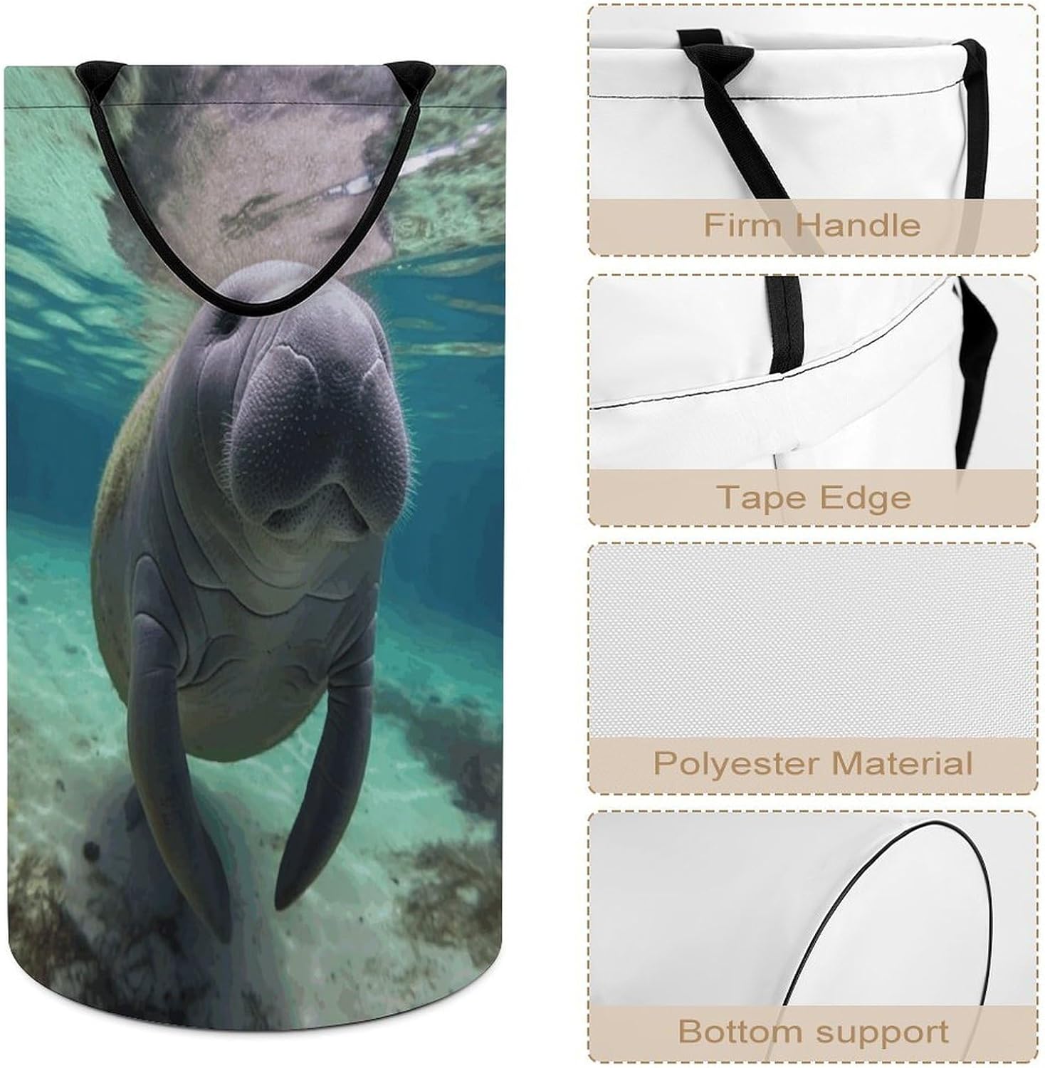 Cute Sea Animal Manatee Laundry Hamper with Handles Waterproof Collapsible Laundry Basket Large Lightweight Round Dirty Clothes Hamper for Home Dorm Bathroom Decor