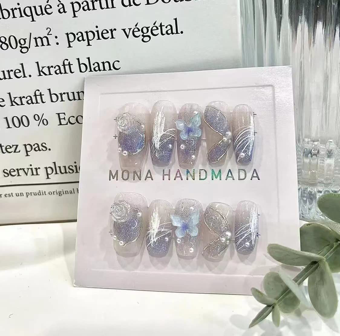 Press On Nails, 10 Stück tragbares Maniküre-Stück, handgefertigte Kunstnägel, wiederverwendbares künstliches Kunstnägel-Set für Frauen und Mädchen (L, F) (AS)