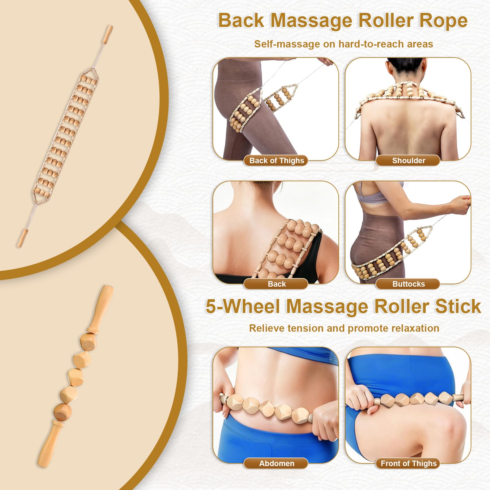 Ensemble d'outils de massage 6 en 1 pour thérapie du bois, kit de drainage lymphatique de bois avec rouleau de fascia, Gua Sha, outils de sculpture corporelle pour contourner et façonner