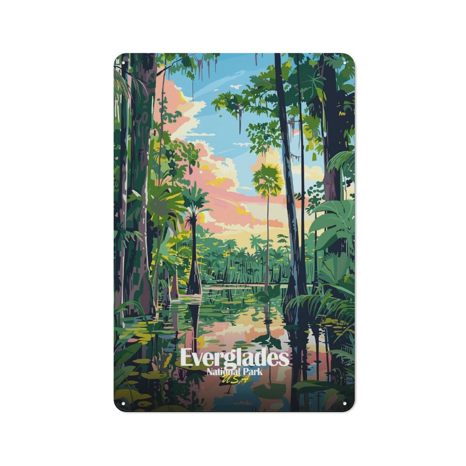 Junmoney Style-6 Everglades National Park Illustration Retro Tin Wall Plaque 30X20cm For Hobby Room Or Studio, New Home Wall Decor For Hobby Room Decor Fans
