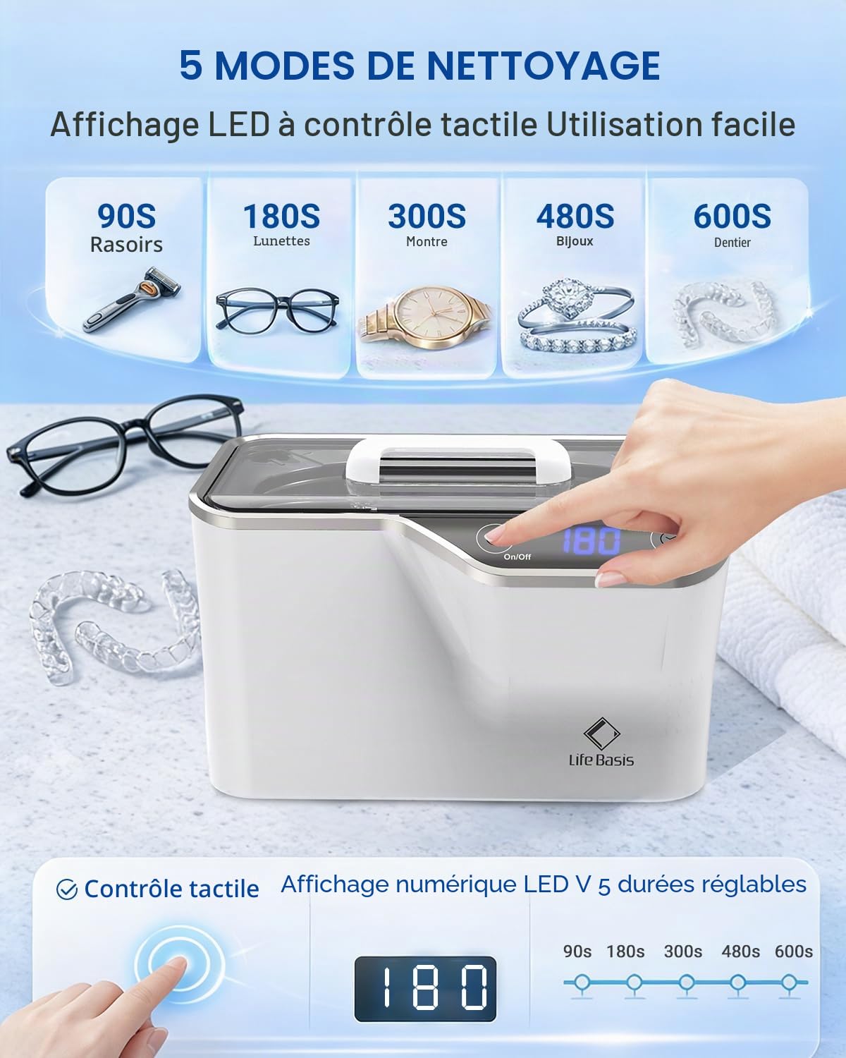 LifeBasis Nettoyeur Ultrasons 600 ml Professionnel, Bac Ultrasons avec 5 Modes de Nettoyage pour Lunettes, Bijoux, Montres, Argent et Rasoirs
