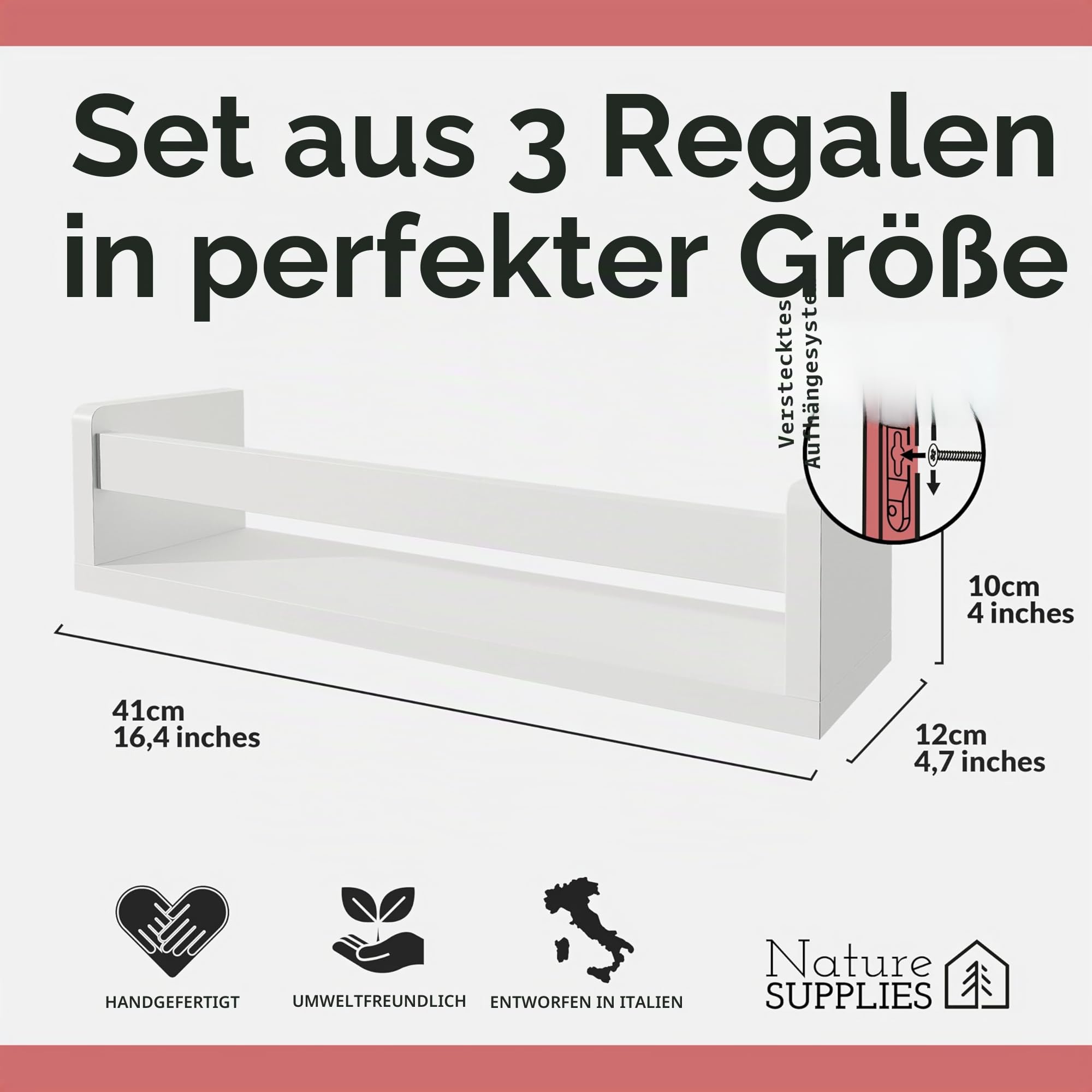 NATURE SUPPLIES Bücherregal Kinder, 3er-Set, Regal Kinderzimmer, Wandregal Kinderzimmer, ideal für Bücher und Spielzeug, Montessori Regal | Weiß