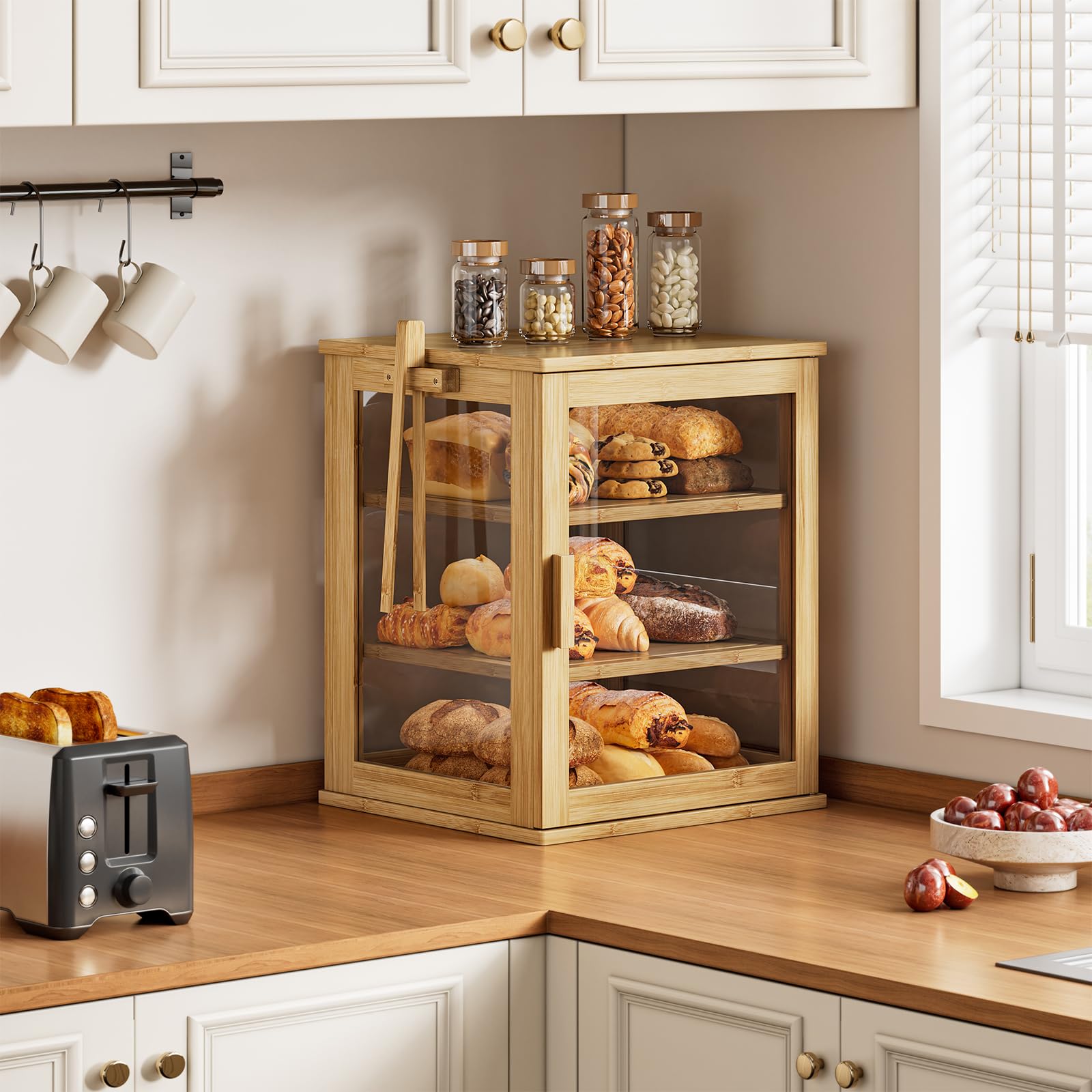 WOWLIVE Boîte à pain en bambou pour comptoir de cuisine, grande boîte de rangement à pain à 3 couches pour pain fait maison avec fenêtre, organiseur de boîte à pain de ferme pour cuisine, armoire