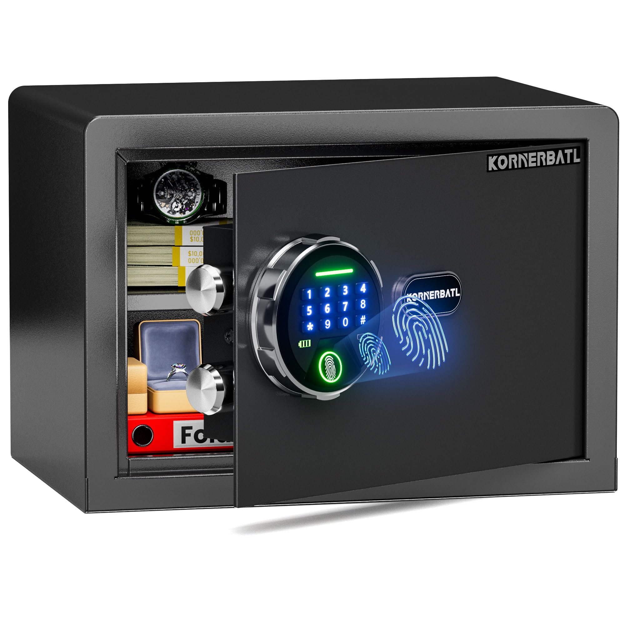 smart biometric safe with fingerprint lock (9.84"d x 13.78"w x 9.84"h), small safe box with silent mode & backlit keypad & led light, caja fuerte para dinero for rich person