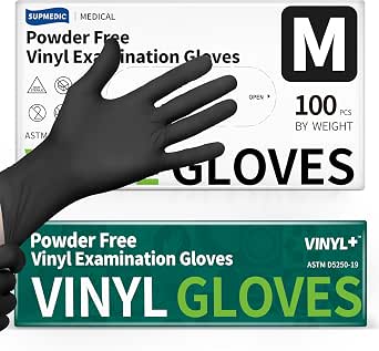 Supmedic Vinyl Disposable Exam Gloves, Black, 4 Mil, Powder-Free, Latex-Free, Food Safe, 100 & 1000 Count