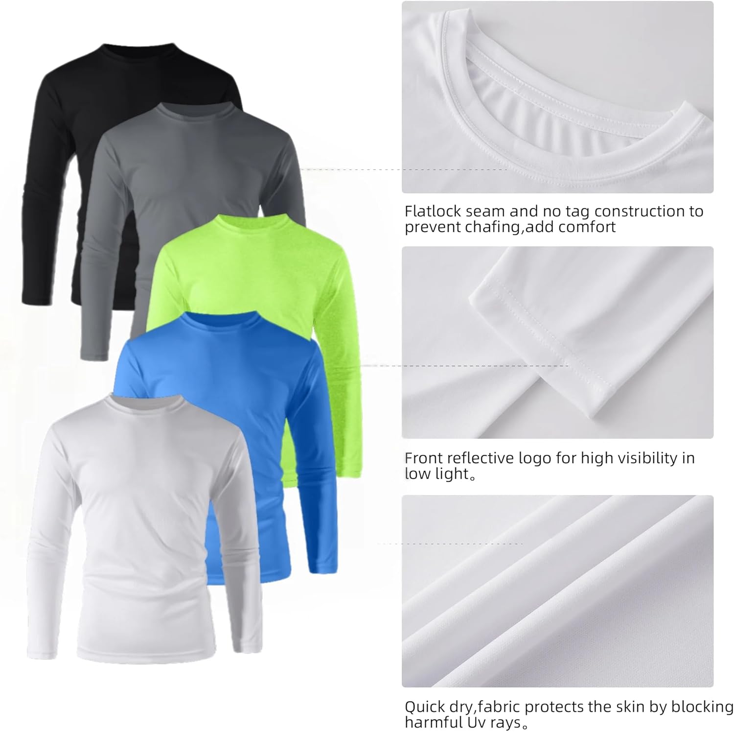 5 Pack 100% Polyester Long Sleeve Shirts for Men - Quick Dry Moisture Wicking - Image 5