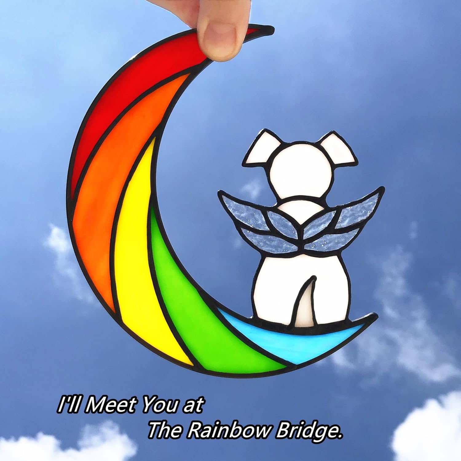 Stained Glass Rainbow Bridge White Dog Memorial Gifts for Loss of Dog Sympathy Remembrance Suncatcher, Thoughtful Pet Loss Bereavement Gifts in Memory of Pet Passing Away Window Hanging. - Image 2