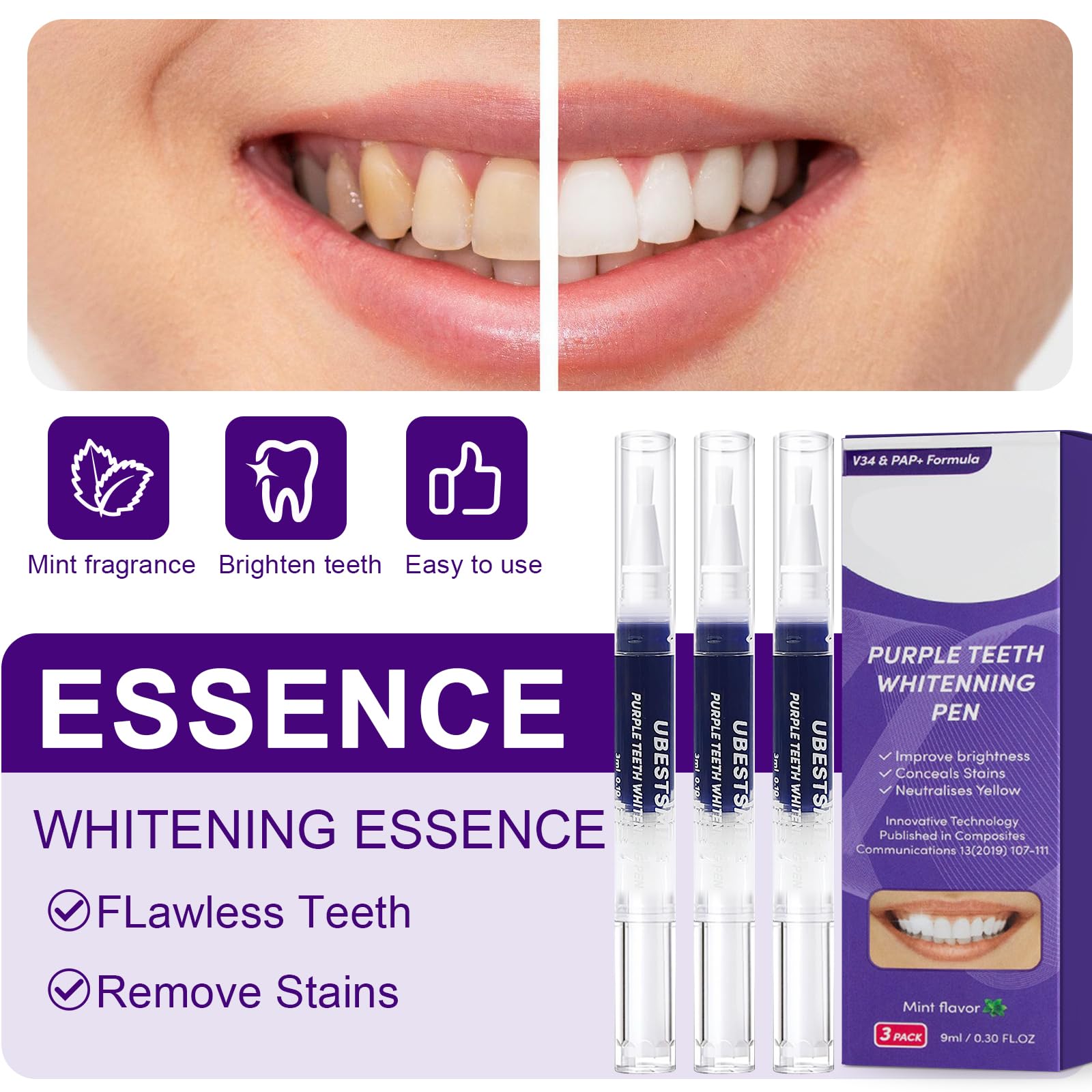 3 Pezzi Penne Sbiancante Denti,Penna Gel Sbiancamento per Dentale,sbiancante denti,Per Rimozione delle Macchie e Sorriso Più Luminoso,Facile da Usare,Rapido Sbiancamento(Viola)