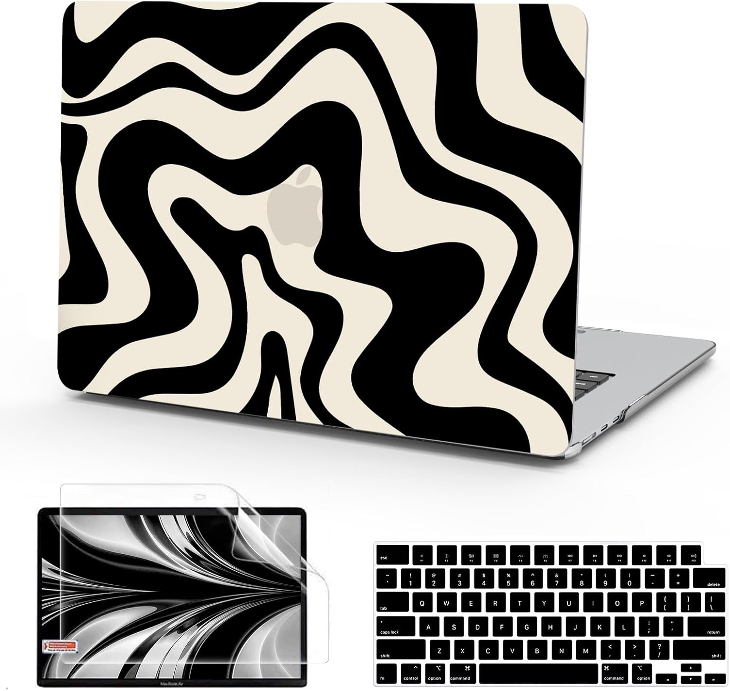 B BELK Compatible with MacBook Air 13 inch Case 2026 2025 2024 2023 2022 M4 M3 M2 A3240 A3113 A2681, Plastic Hard Shell Case for MacBook Air 13.6 inch + Keyboard Cover + Screen Protector, Black Wave