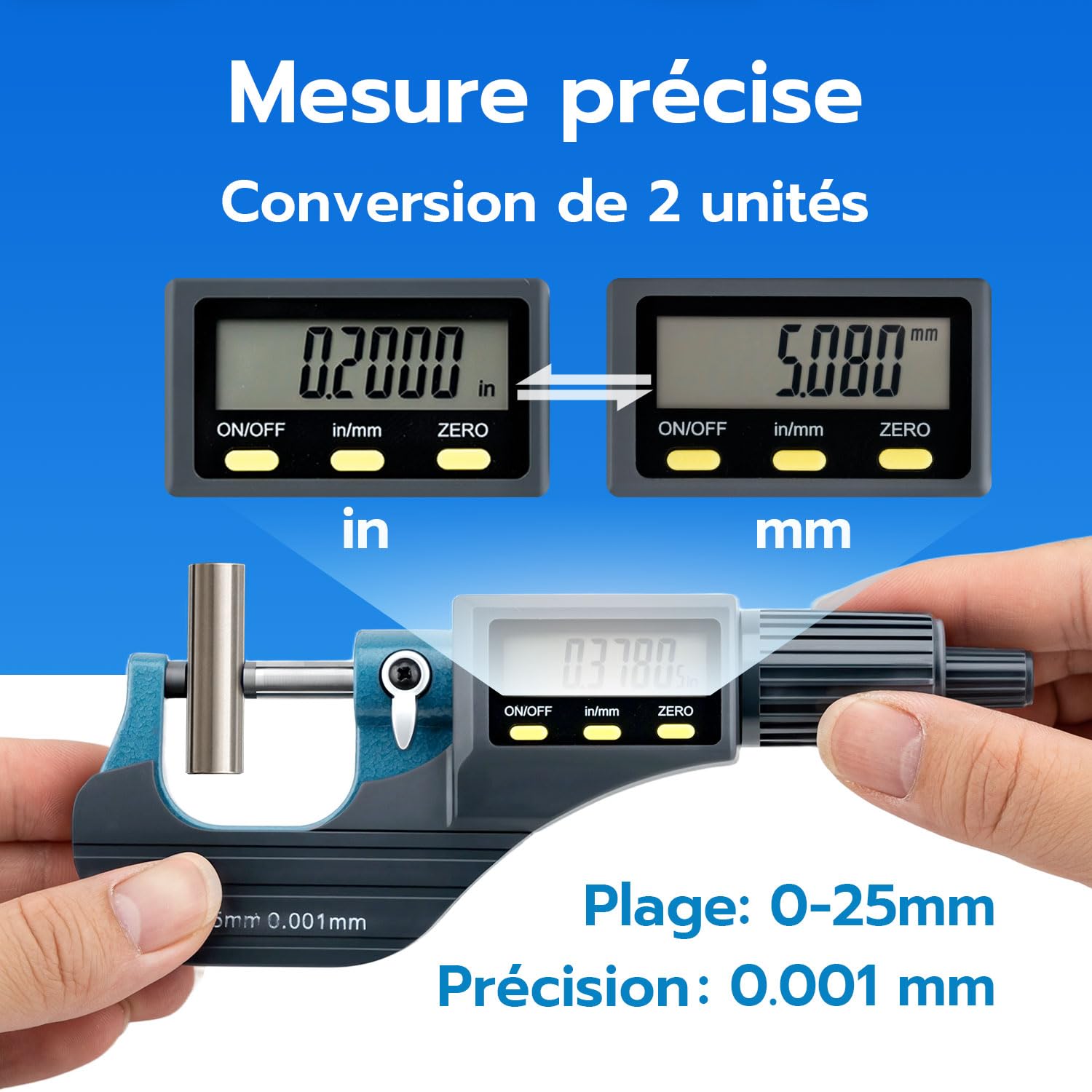 Mcbazel Micromètre Électronique LCD 0-25 mm, Micromètre Numérique Extérieur avec Affichage en Pouce/Métrique, Haute Précision 0,001 mm