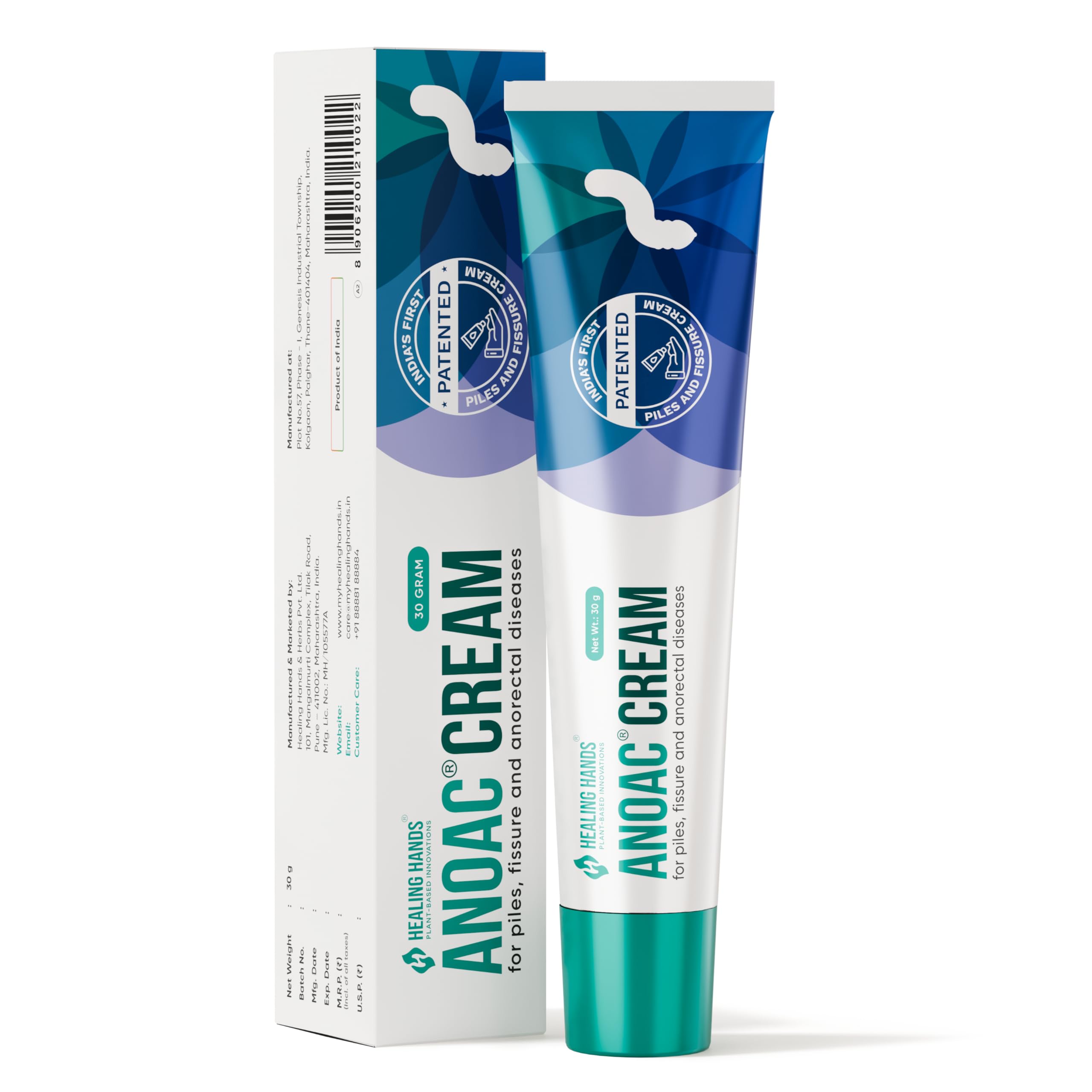 Healing Hands Anoac Cream for Piles, Fissures & Perianal Wounds - 30 gram, Patented Plant Based Piles & Fissure Solution, Clinically Proven, Herbal & Natural Care