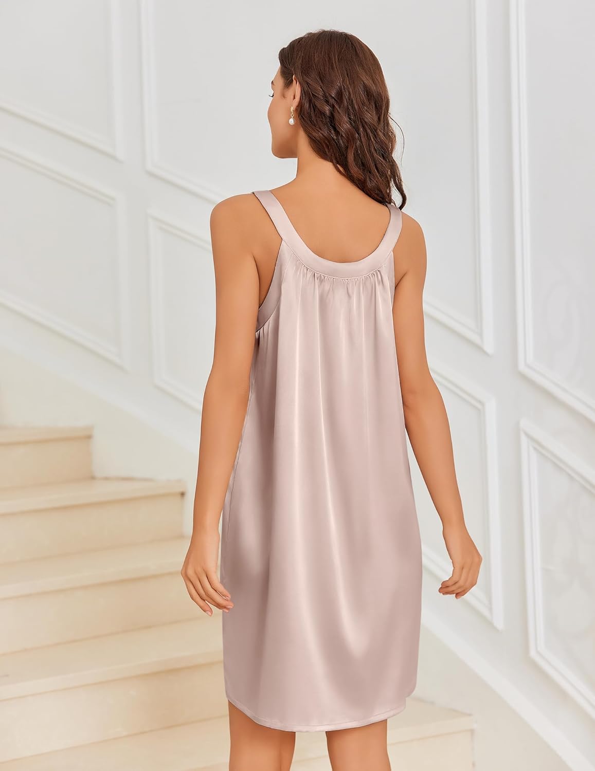 Ekouaer Silky Satin Nightgown for Women Sleeveless Sleepwear Tank O Neck Night Shirts Pleated Sleepshirt Casual Dress S-3XL - Image 5